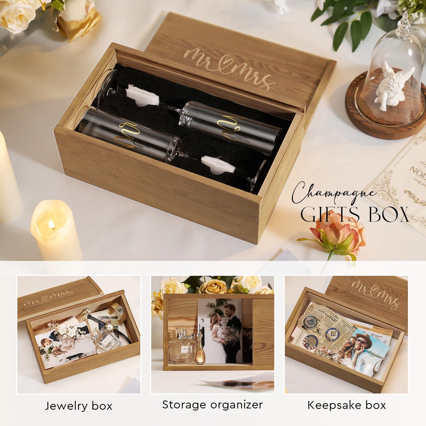AW BRIDAL Wedding Champagne Glasses - Crystal Champagne Flutes for Mr & Mrs, Bridal Shower & Engagement Gift Set of 2