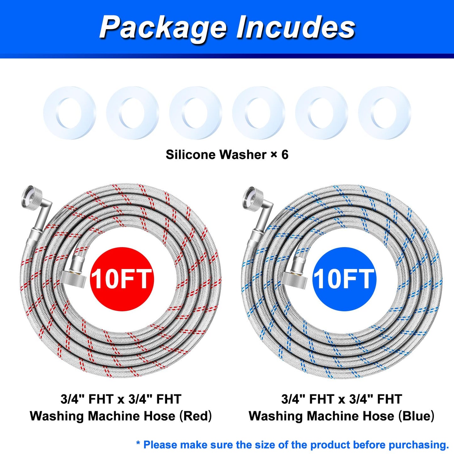 SPUREST Washing Machine Hoses (10 FT, 2Pack) - Food grade PEX Inner Tube, Stainless Steel Braided Wire, 90 Degree Elbow, Hot & Cold Water Supply Line