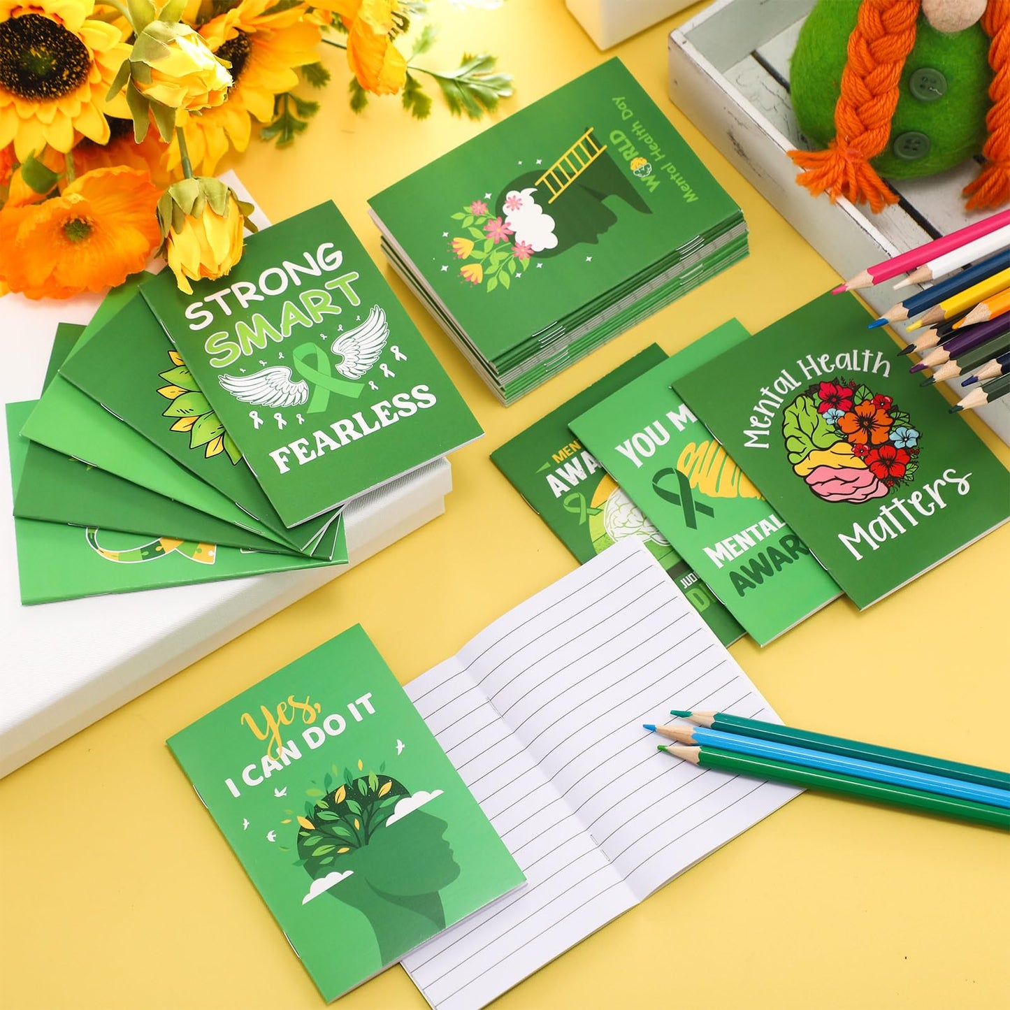 Dinifee 100 Pcs Mini Mental Health Notepads Small Memo Pad Notepads Bulk Mental Health Awareness Green Ribbon Pocket Notebooks, 10 Styles