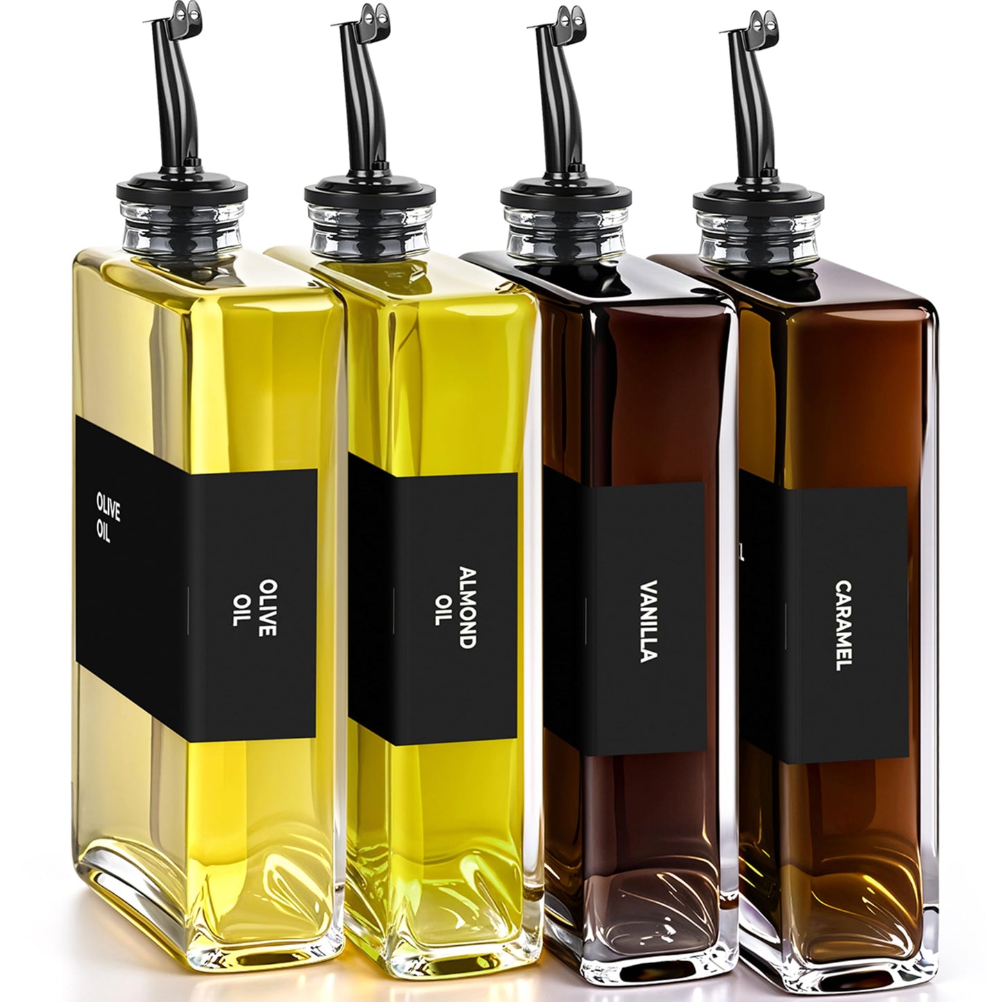 Spaceneat Olive Oil Dispenser Bottle - Includes 48 Kitchen Essential Labels - Cooking Oil Bottles for Kitchen, Coffee Syrup Dispenser - Pourer Spout with 350 mL Glass Container Cruet - 4pcs, Black
