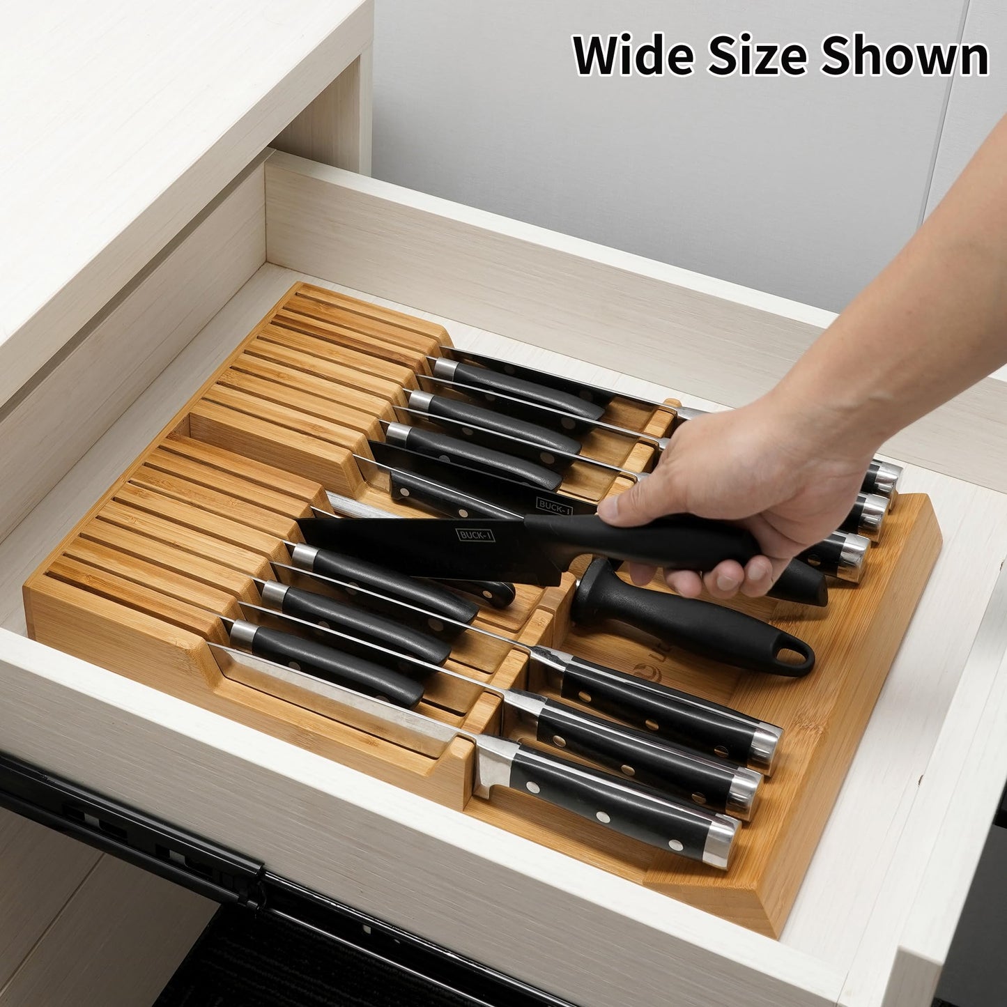 Utoplike in-Drawer Knife Block Bamboo Kitchen Knife Drawer Organizer,Large Handle Steak Knife Holder Without Knives, fit for 16 Knives and 1 Sharpening Steel (16 Knife Organizer)
