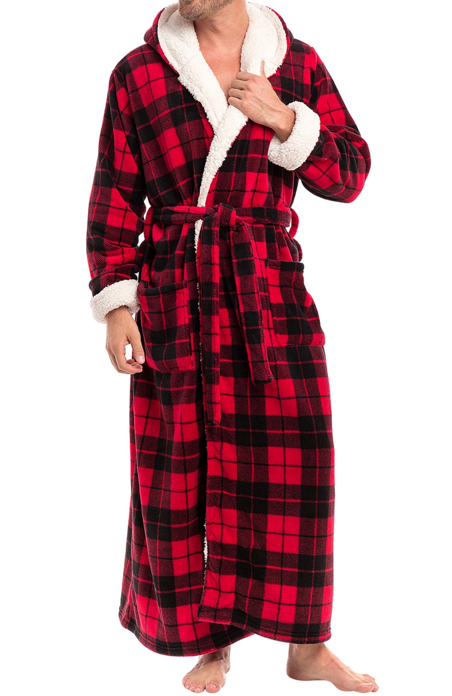Alexander Del Rossa Men's Warm Fleece Robe with Hood, Plush Big and Tall Bathrobe, Large XL Buffalo Check Red Plaid with Sherpa Accents (A0262Q42XL)