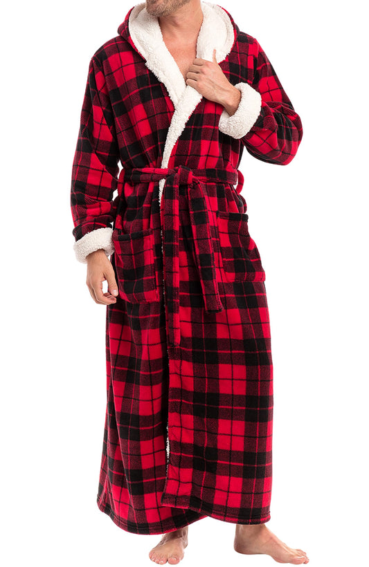 Alexander Del Rossa Men's Warm Fleece Robe with Hood, Plush Big and Tall Bathrobe, Large XL Buffalo Check Red Plaid with Sherpa Accents (A0262Q42XL)