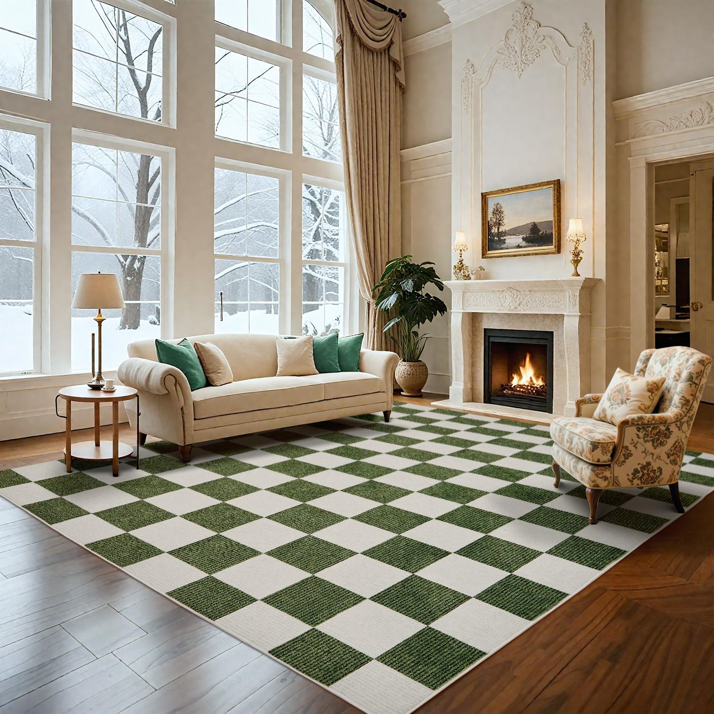 Area Rugs 5x7 for Living Room, Washable Low-Pile Checkered Boho Large Rug for Bedrooms, Non-Slip Soft Flat Print Plaid Carpet for Classroom, ‎Dining Room, Office, Kids Playroom(Green and White)