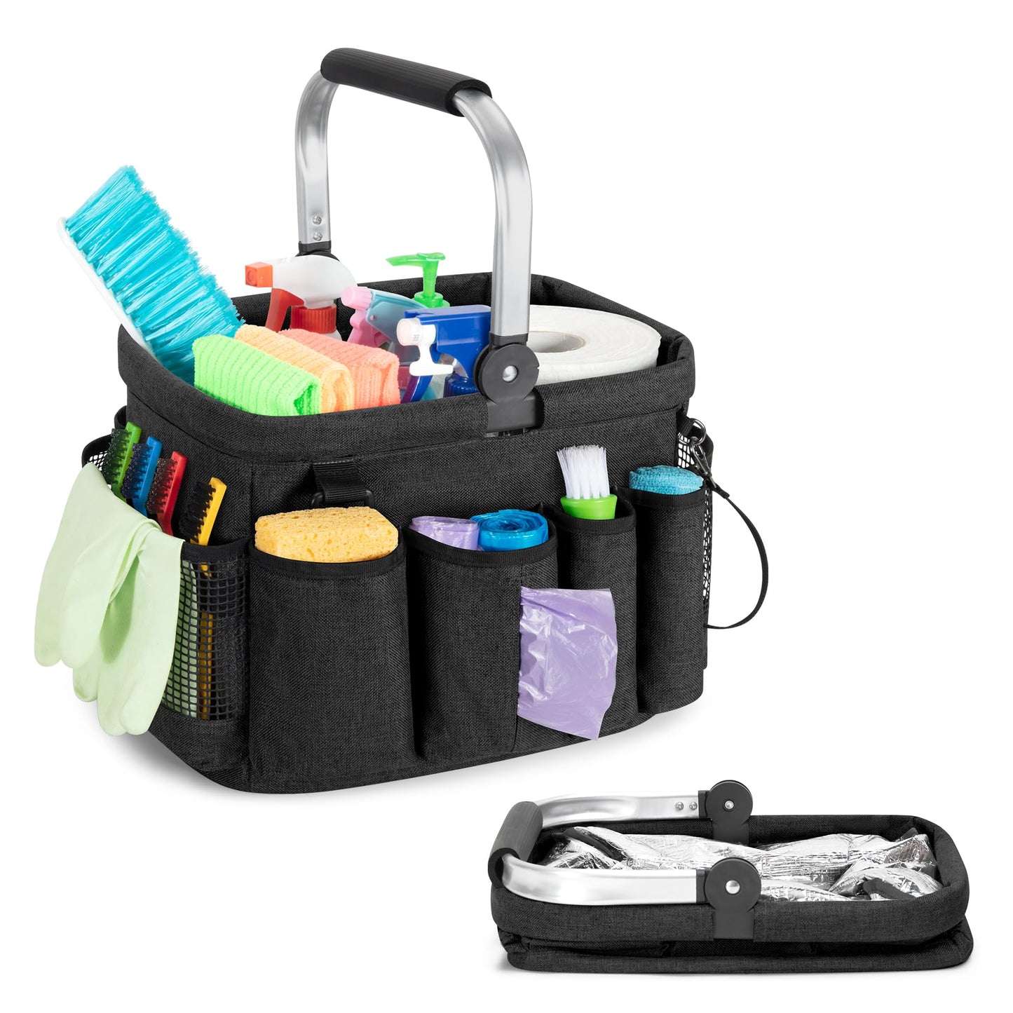 PGmoon Cleaning Caddy Organizer with Handle, Cleaning Tote Bag with Multiple Pockets for Cleaning Supplies, Products Storage, Housekeepers, Kitchen Cleaning Supplies (Black)