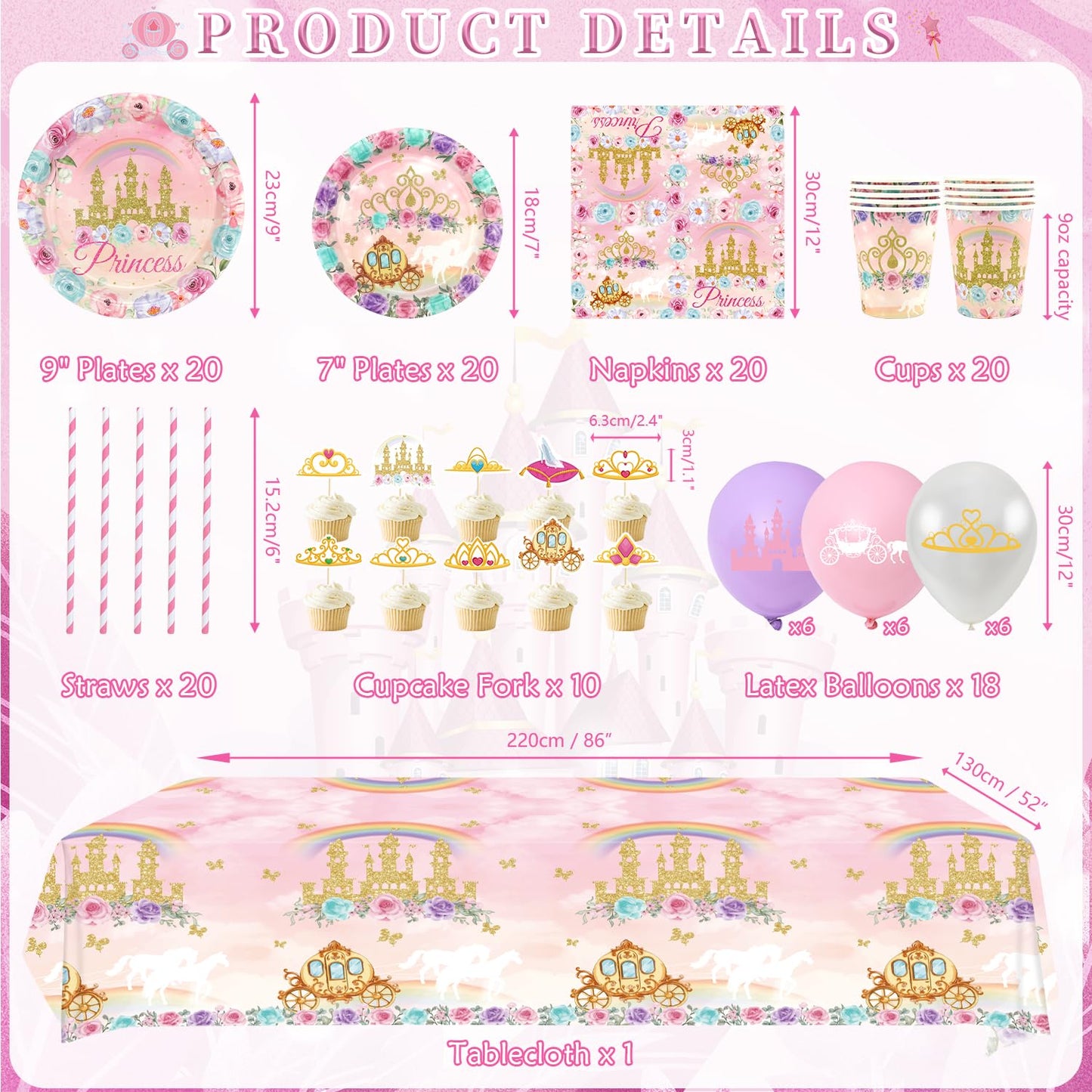 Princess Birthday Party Supplies, Includes Banner, Plates, Tulle, Napkins, Cake Toppers, Crowns, Wands, Balloons, Tablecloths, for Girls Princess's Themed Baby Shower Decorations, Serve 20 (Style A)