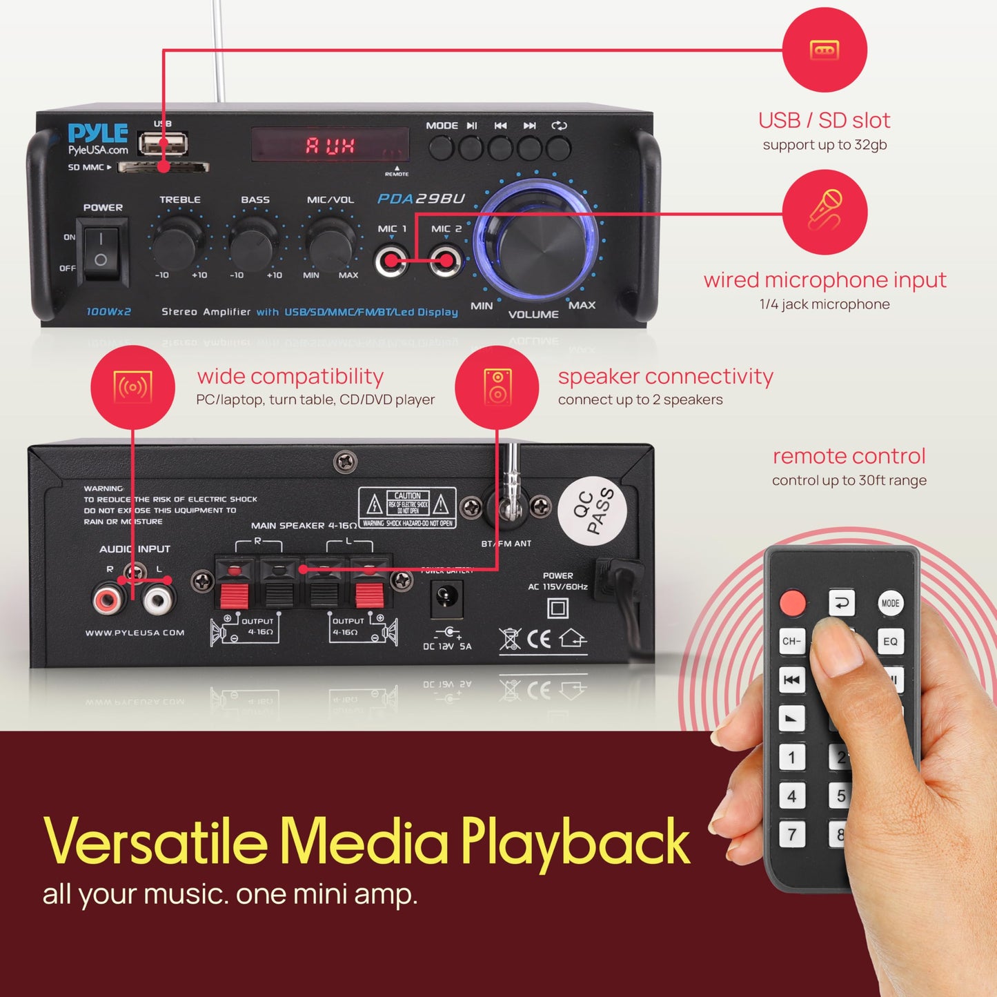 Pyle Bluetooth Amplifier-Wireless Dual Channel Stereo Amp, Powerful and Compact, 200W, LED Display, RCA/USB/SD/AUX/MIC in, FM Radio, Perfect for Home and Studio Audio