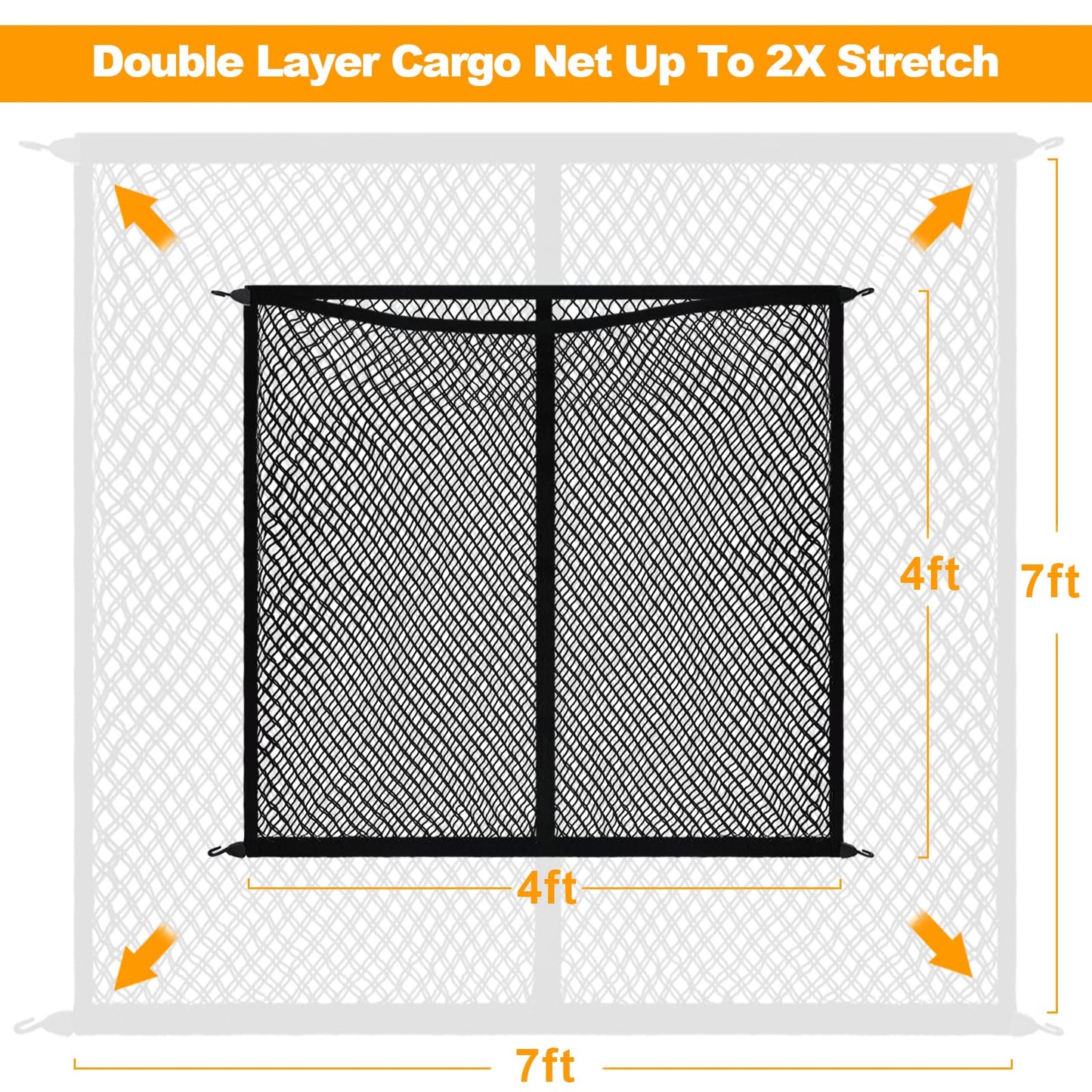 Cargo Net for Pickup Truck Bed, Double-Layer Elastic Cargo Net Stretchable Mesh Organizer for Pickup, Suitable for Daily Light Loads of Trucks, Up to 2X Elastic from 4x4 FT Stretches to 7x7 FT