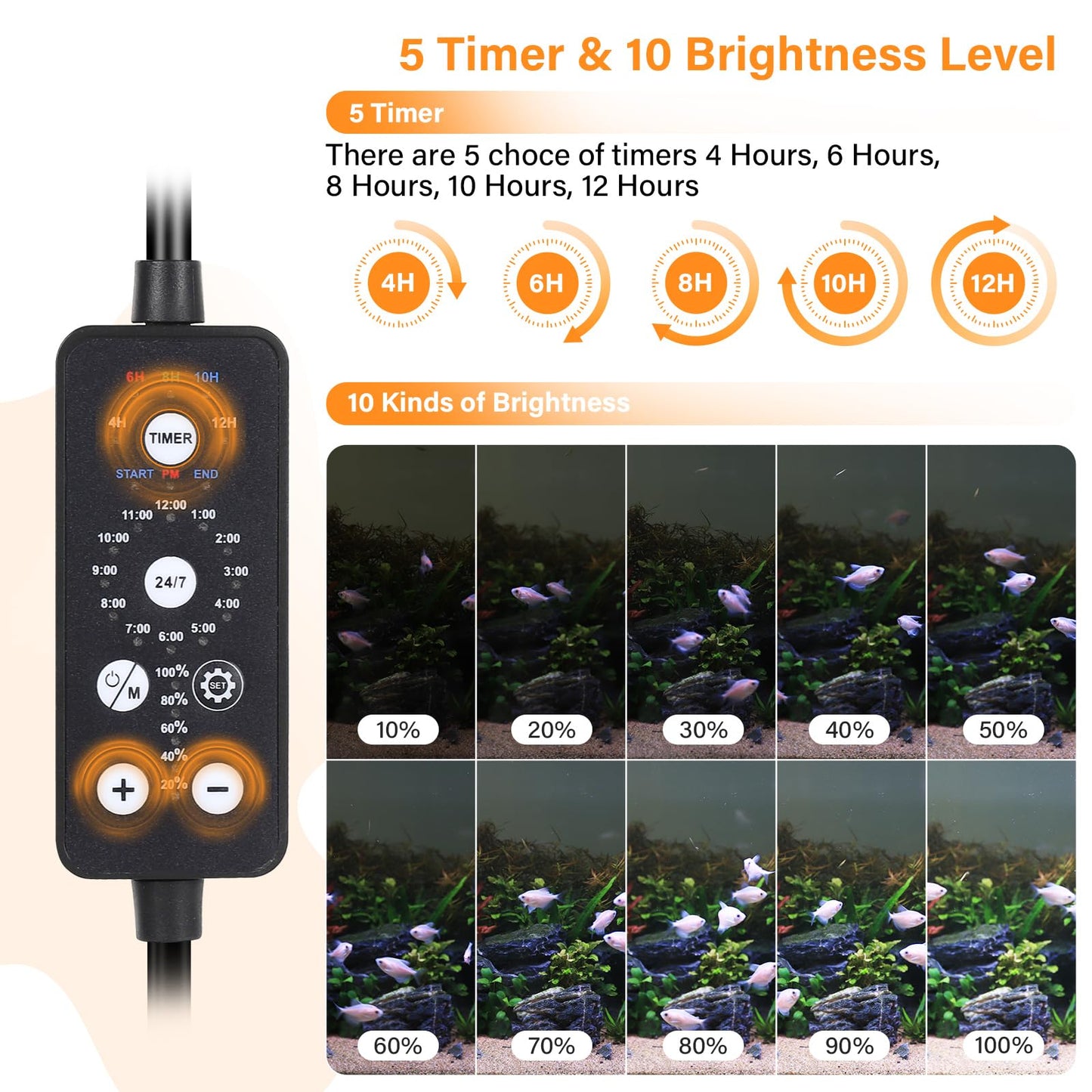 hygger Submersible LED Aquarium Light, 14W 15in 24/7 Mode Fish Tank Light with 5 Rows Beads, with Timer 9 Colors and Adjustable Brightness, Full Spectrum IP68 Waterproof Light for Fish Tank 16-27 inch