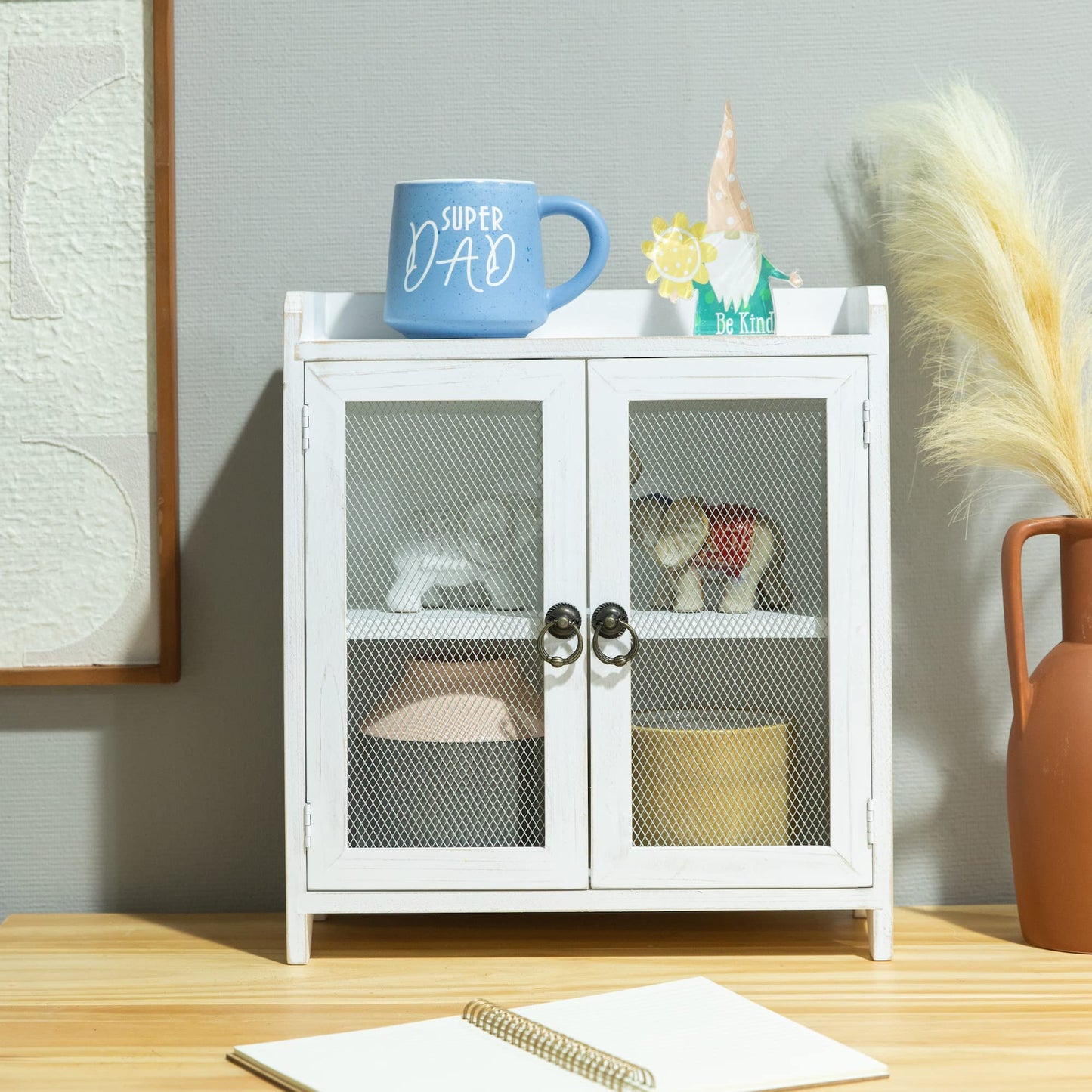 COLLECTIVE HOME - 2 Tiered Storage Cabinet, Countertop Cabinet, Wood Organizer for Kitchen Living Room Bedroom Bathroom Office with Magnetic Door, 15.75 x 14.5 x 6.5, White, 02