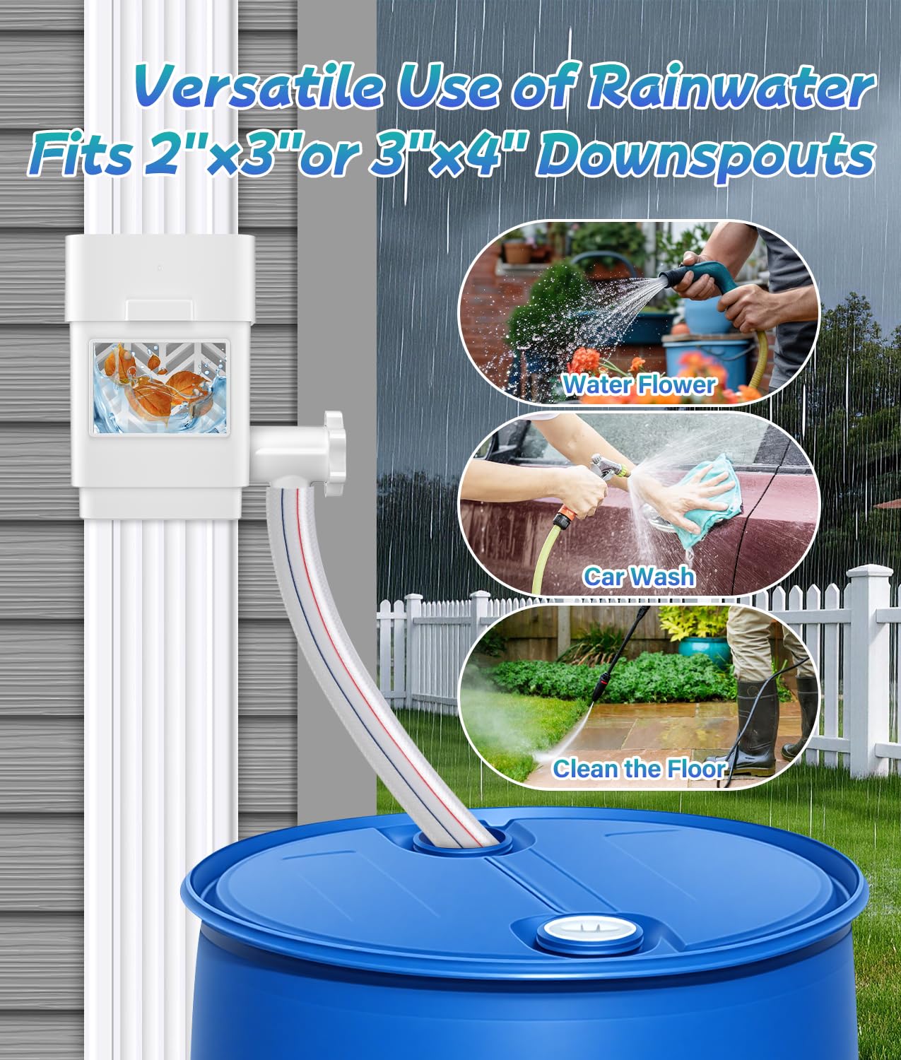 Upgraded 2Pack Rain Barrel Diverter Kit, Rainwater Collection System for 2''x3'' & 3''x4'' Downspout, Gutter Diverter for Rain Barrel with Enhanced Water Capacity, Filter, Adjustable Valve, White