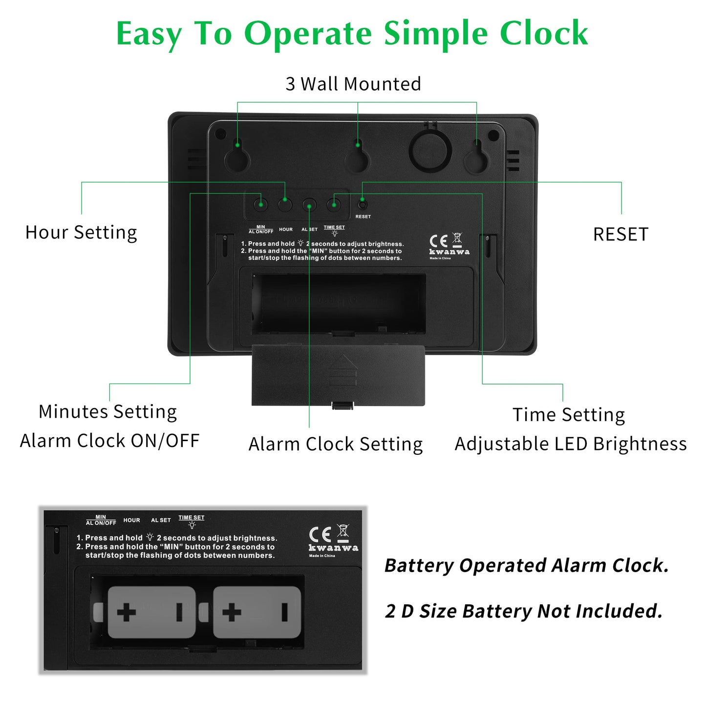 KWANWA Large Digital Alarm Clock, 3" LED Display Battery Operated, Dimmable Auto Night Mode, Easy to Read for Seniors Visually Impaired, Cordless Wall Clock or Table Clock for Bedroom Kitchen Office