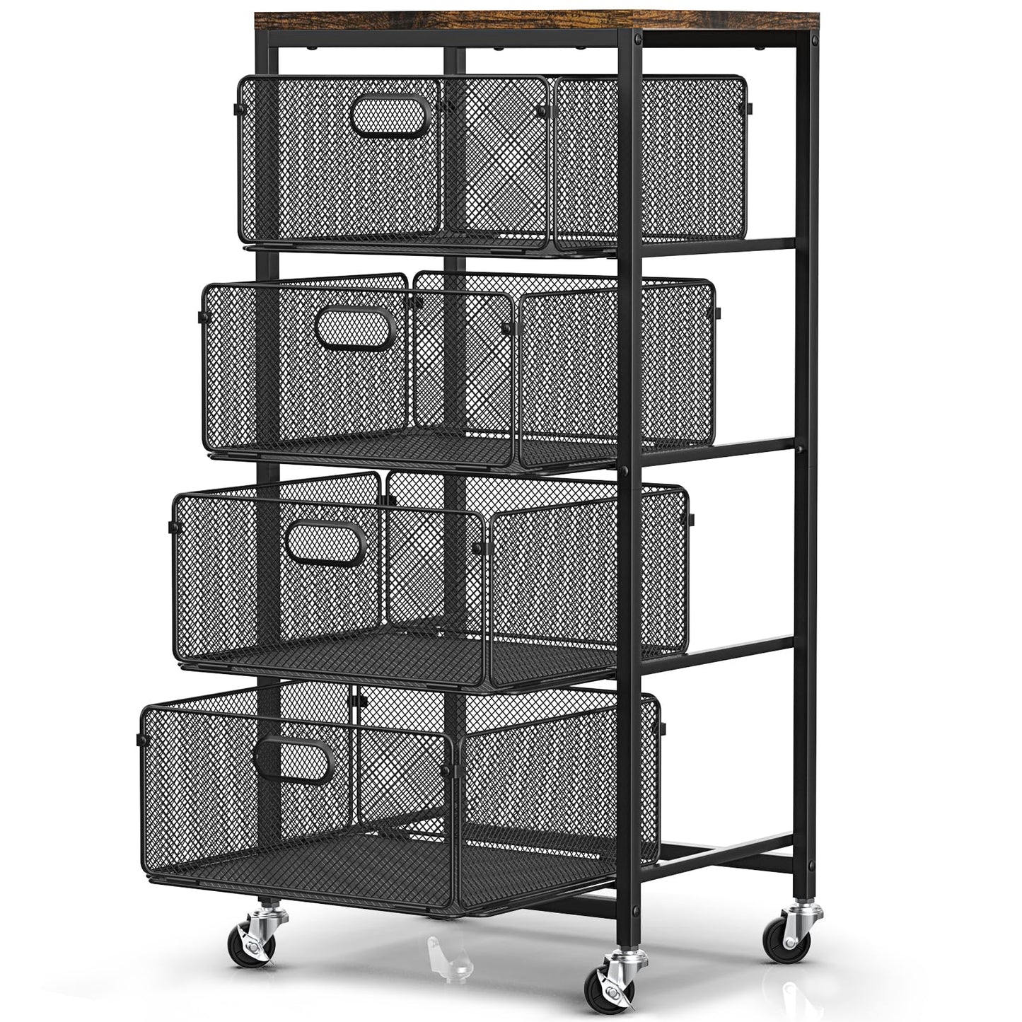 SUNALLY Rolling Storage Cart with Drawers, 4-Tier Utility Cart Snack Organizer with Lockable Wheels Metal Kitchen Storage Drawer Cart on Wheels with Wooden Top for Art Craft Bathroom Bedside, Black