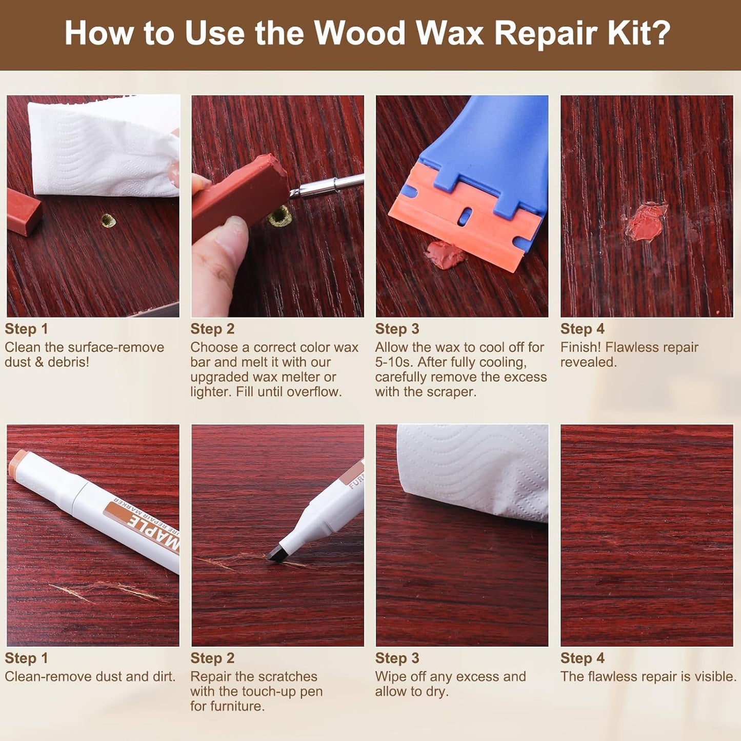 Vinyl Hardwood Repair Kit with Upgraded Heat Pen Display, Laminate Floor Repair Kit Hard Wax Wood Dual Tip Furniture Touch Up Marker Repair for Scratch, Stain, Crack, Hole, Cabinet, Door, Table
