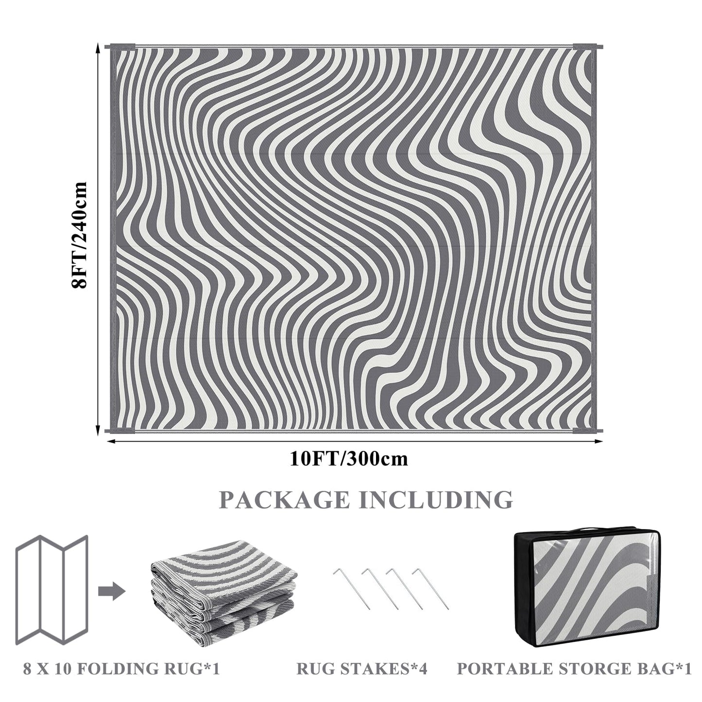Vaukki Outdoor Patio Rug 8x10, Waterproof Woven Plastic Straw Camping Area Mat, Grey RV Striped Outside Reversible Carpet Clearance for Porch Backyard Deck Balcony