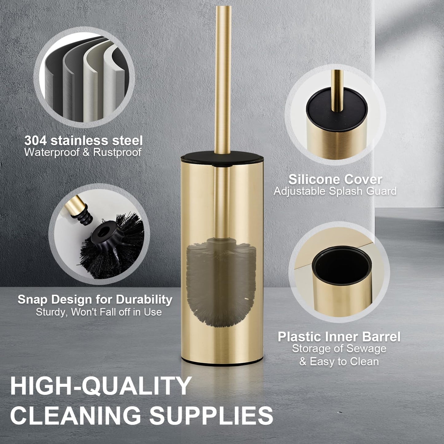 304 Stainless Steel Toilet Brush and Brush Holder Set, Circular Floor Toilet Brush Holder, Long Handle, Bathroom Heavy-Duty Cleaner, High-End Cylinder Wall (Brushed Gold) YIGUANXIN