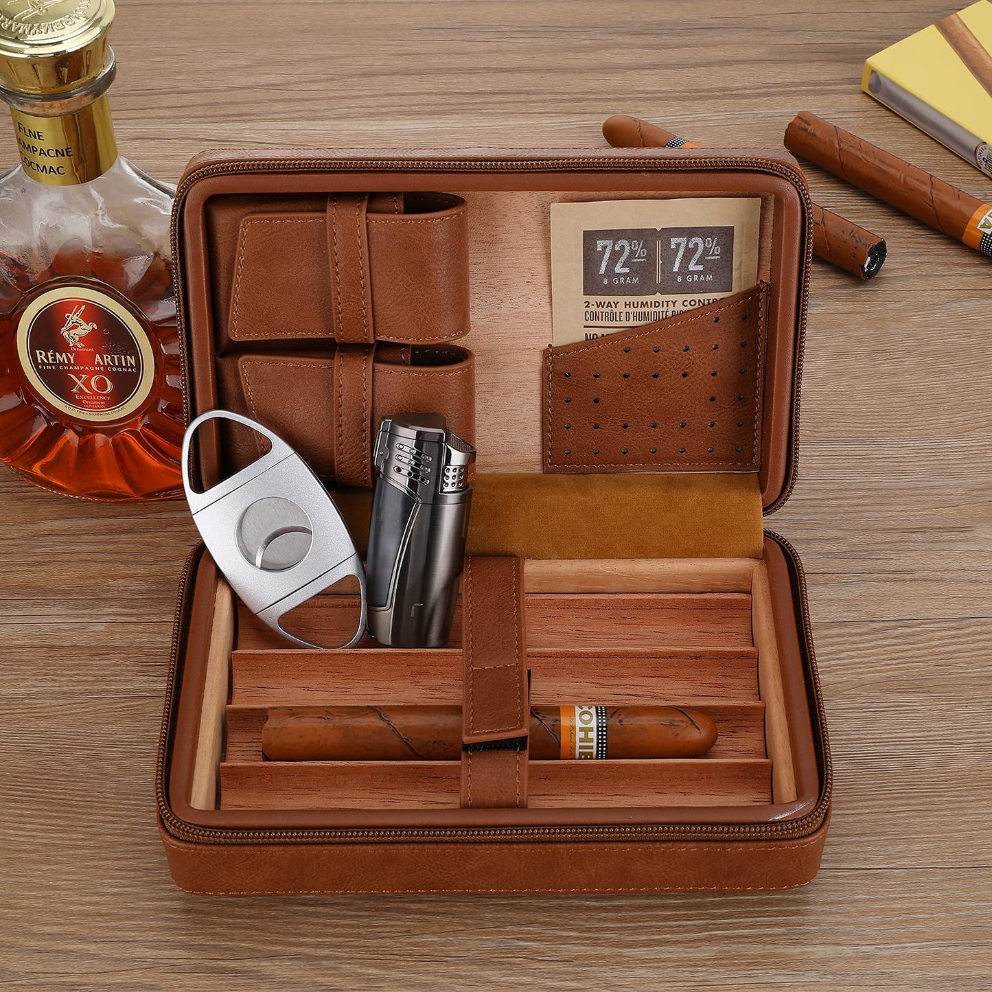 CiTree Cigar Travel Humidor, Cedar Wood Leather Cigar Case with Cigar Accessories Gift Set, Brown