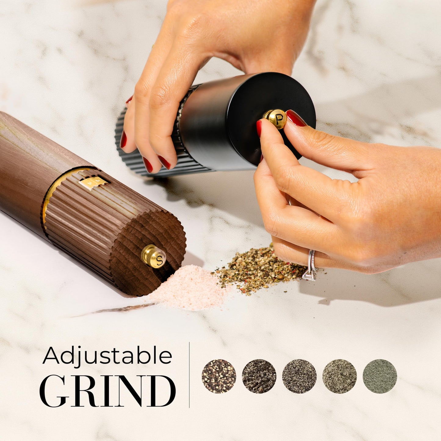 Wooden Salt and Pepper Grinder Set – Refillable Manual Salt and Pepper Mills with Adjustable Ceramic Burrs, Gold Detailing, and Acacia Wood Stand – Ideal Kitchen Gift