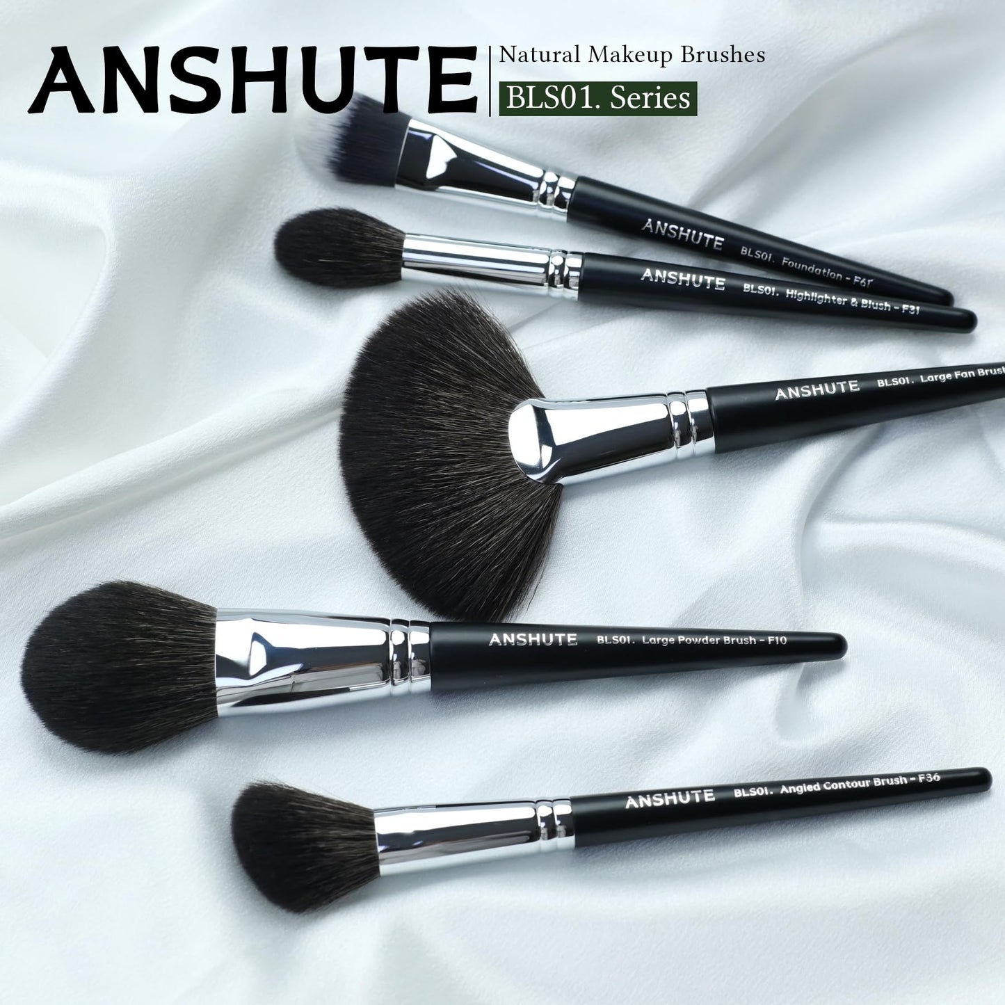 Anshute 5-Piece Professional Natural Goat Hair Makeup Brush Set – Face Brushes for Powder, Blush, Contour, Highlighting & Foundation. Super Soft Bristles, Variety of Brushes. Labled Brush Handle