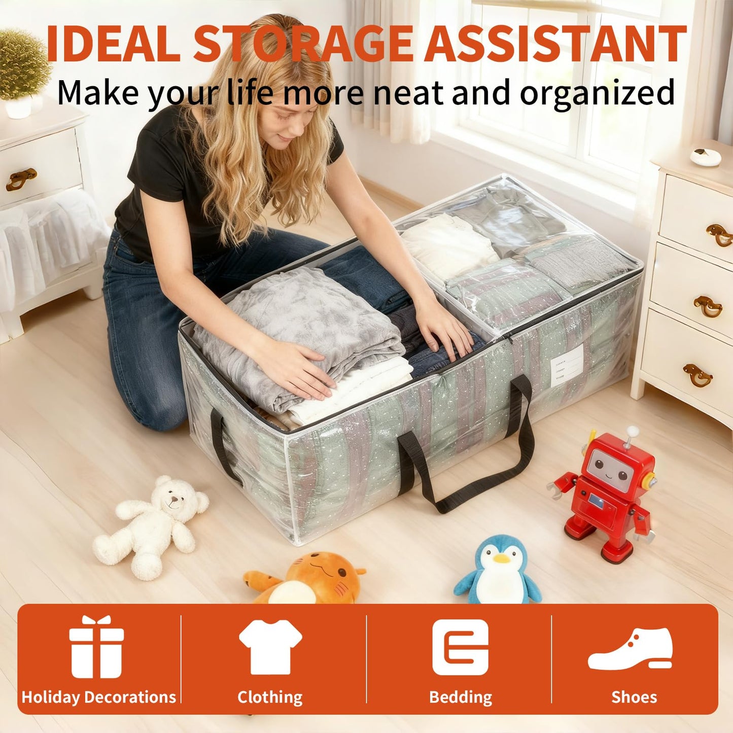 STEUGO 6-Pack Large Moving Bags Heavy Duty, 95L Moving Boxes Alternative Storage Totes with Zipper, Waterproof Packing & Storage Bags for Clothes, College Supplies and Home Organization, Clear