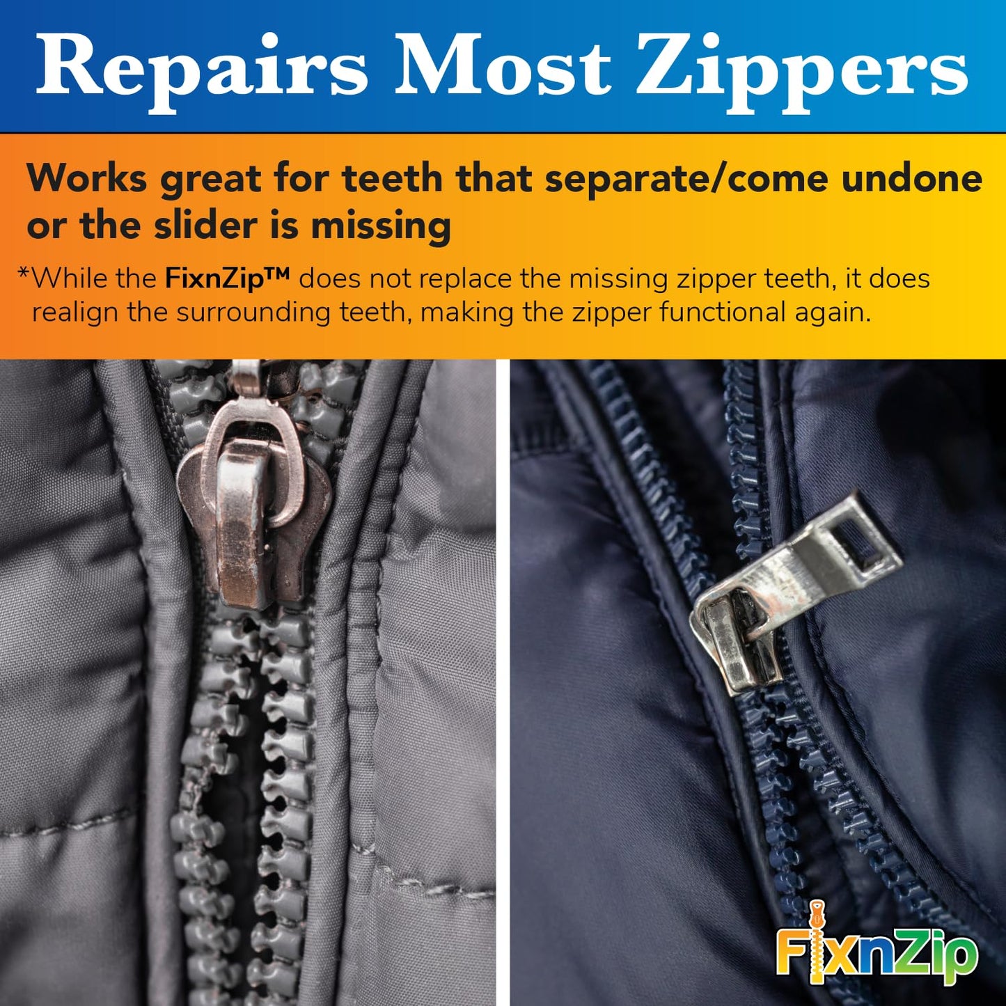 FixNZip Small, Medium, and Large Black Nickel Zipper Repair Kit Bundle | Universal No-Sew Slider Replacement for All Zipper Needs | Instant and Reusable Repair Tool | Sizes 1-10