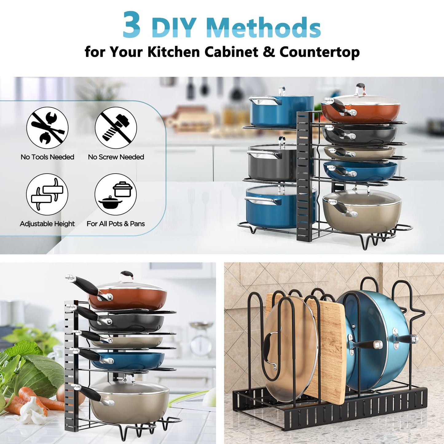 ORDORA Pots and Pans Organizer for Cabinet 16.61 Height, 8 Tier Pot Organizers Rack with 3 DIY Methods, Adjustable Pan Organizer under Cabinet Kitchen Organization and Storage
