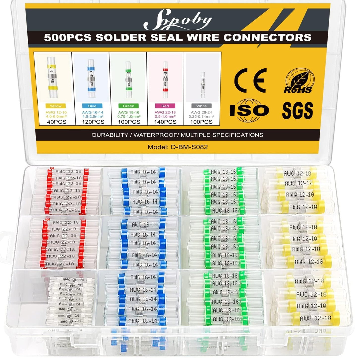 500PCS Solder Seal Wire Connectors, Sopoby Marine Grade Heat Shrink Wire Connectors, Waterproof Solder Wire Terminals, Butt Splice Electrical Connectors Kit