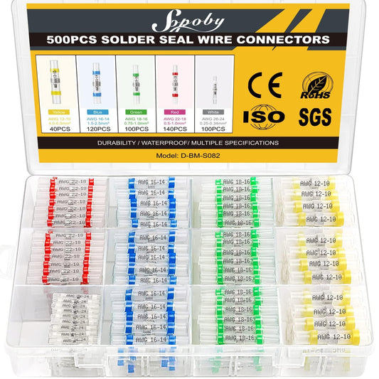 500PCS Solder Seal Wire Connectors, Sopoby Marine Grade Heat Shrink Wire Connectors, Waterproof Solder Wire Terminals, Butt Splice Electrical Connectors Kit