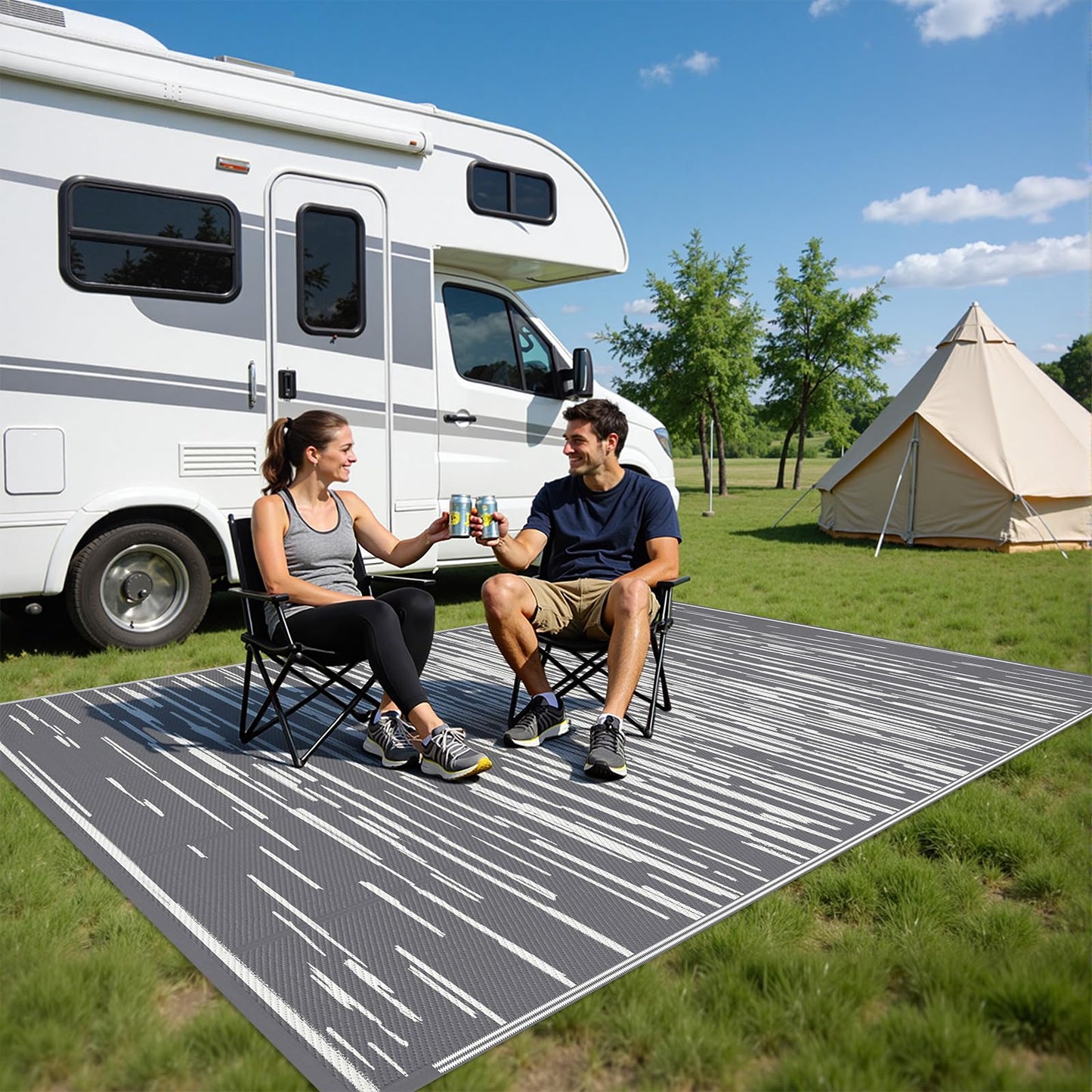 HEBE Outdoor Rug 6x9 ft Reversible Outdoor Area Rug Waterproof Patio Rug Mat Portable RV Camping Rug Modern Abstract Plastic Straw Carpet for Picnic Beach Balcony Pool Deck, Grey