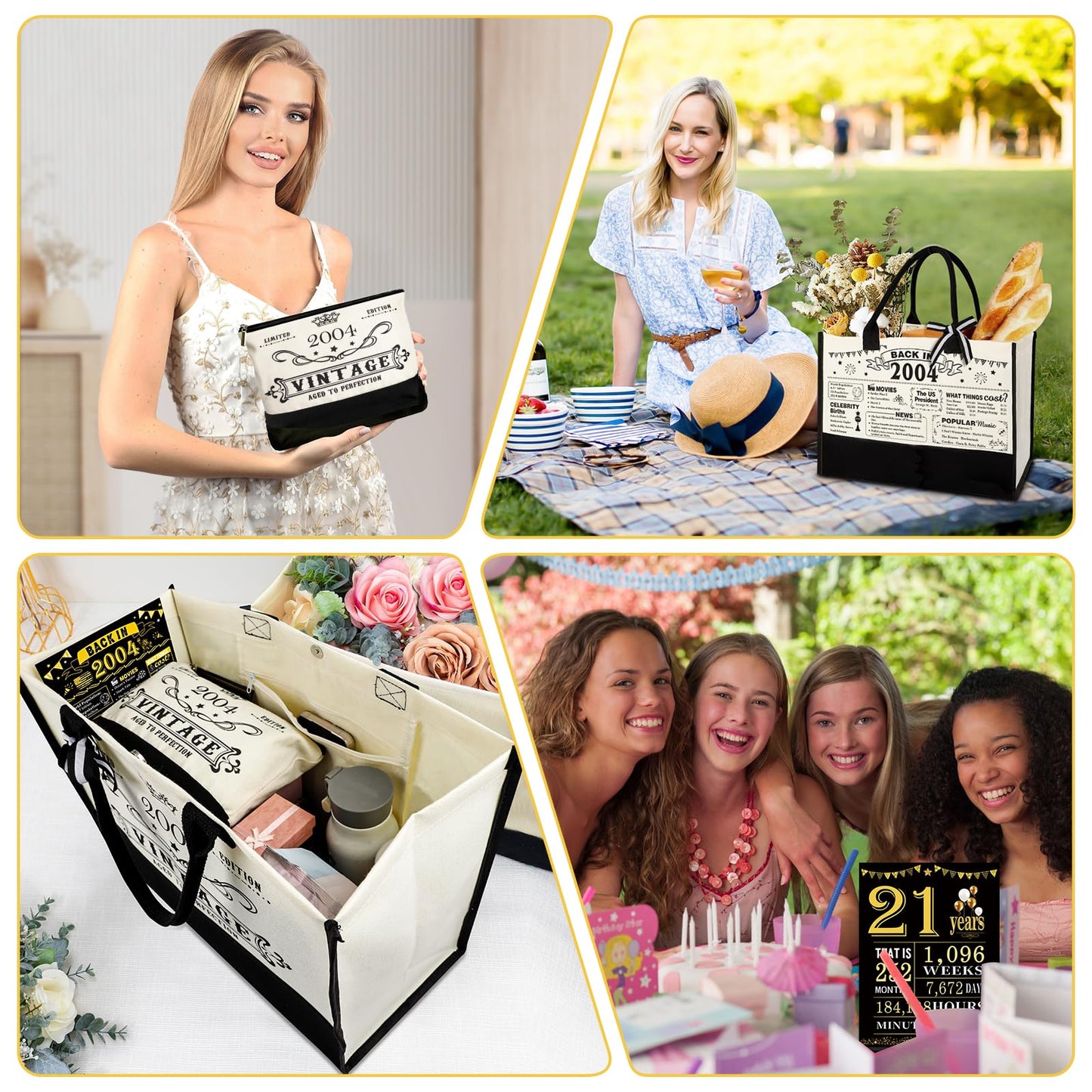 21st Birthday Gifts for Her Canvas Tote Bag Travel Gear, Unique 21 Years Old Birthday Gifts for Girlfriend Sister Friends Women, Vintage 2004 Handbag & Cosmetic Bag & Back in 2004 Poster
