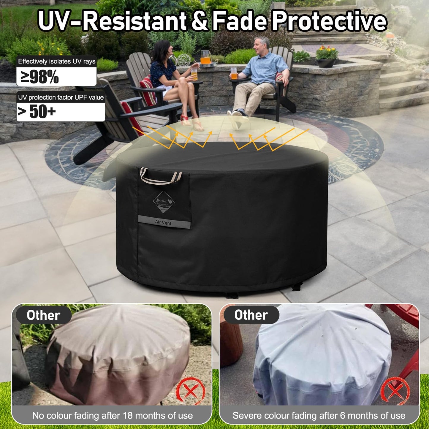 QH.HOME Fire Pit Cover Round Super Waterproof, 36" D X 20" H Outdoor Round Firepit Cover 600D Strong Tear Resistant, UPF 50+ Fire Pit Covers Premium Fading Resistant for Outdoor Round Fire Pit - Black