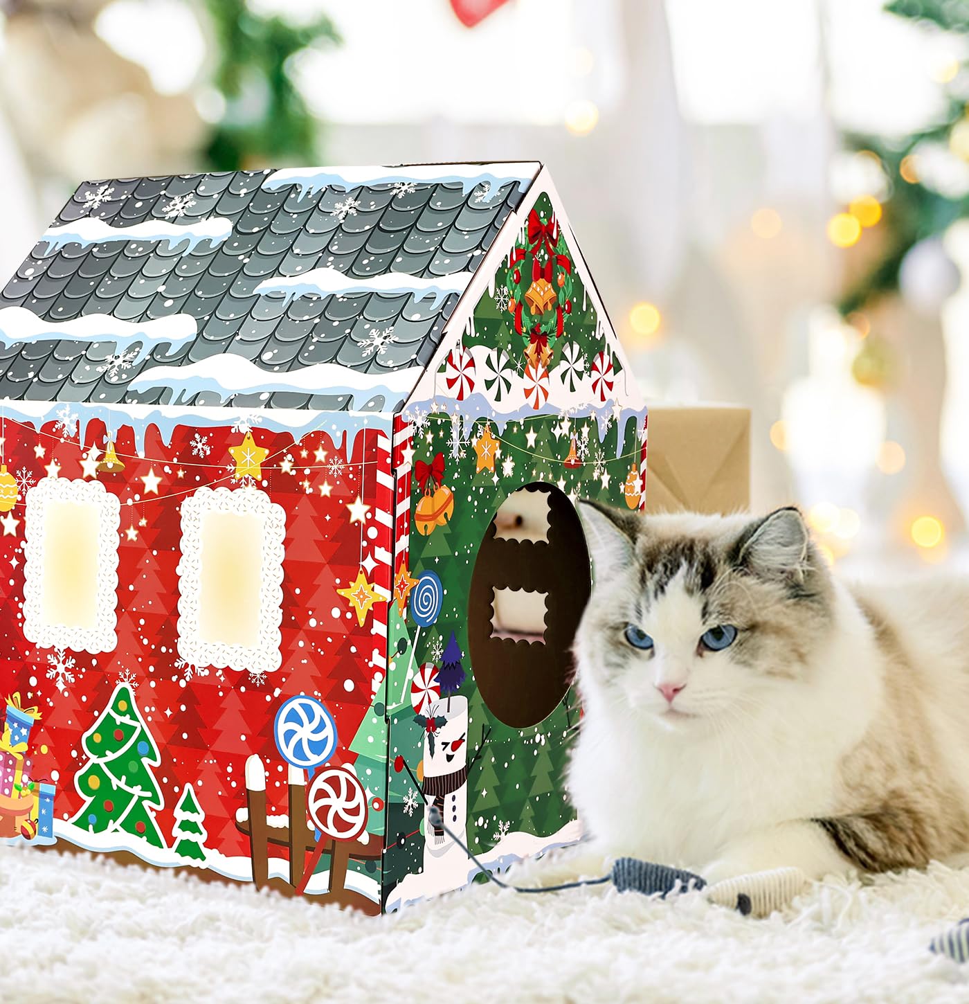MUNILAIL Christmas Cardboard Cat House with Scratcher - 16.5" x 13" x 19" Cat Scratcher House for Indoor Cats