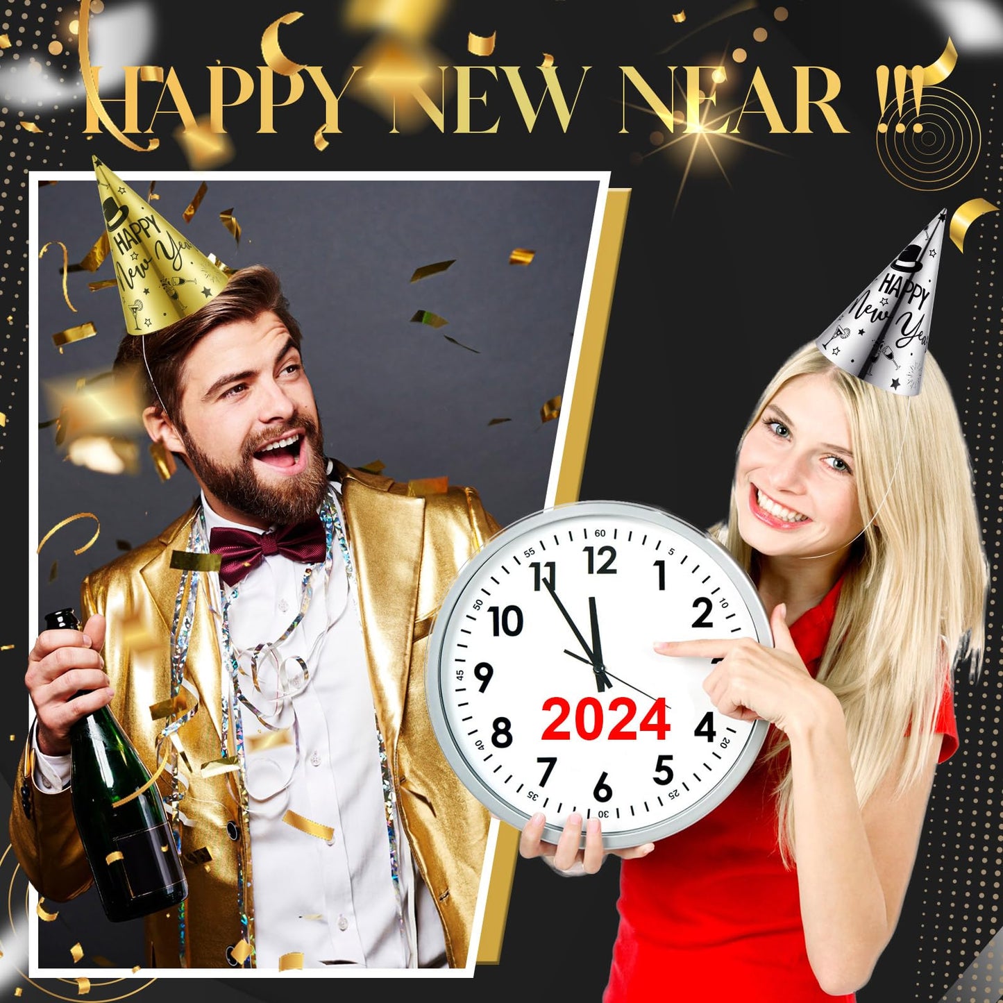 100 Pcs Happy New Year Party Supplies New Years Eve Hats Bulk Black Silver Gold Cone Hats for Adults Photo Props Supplies