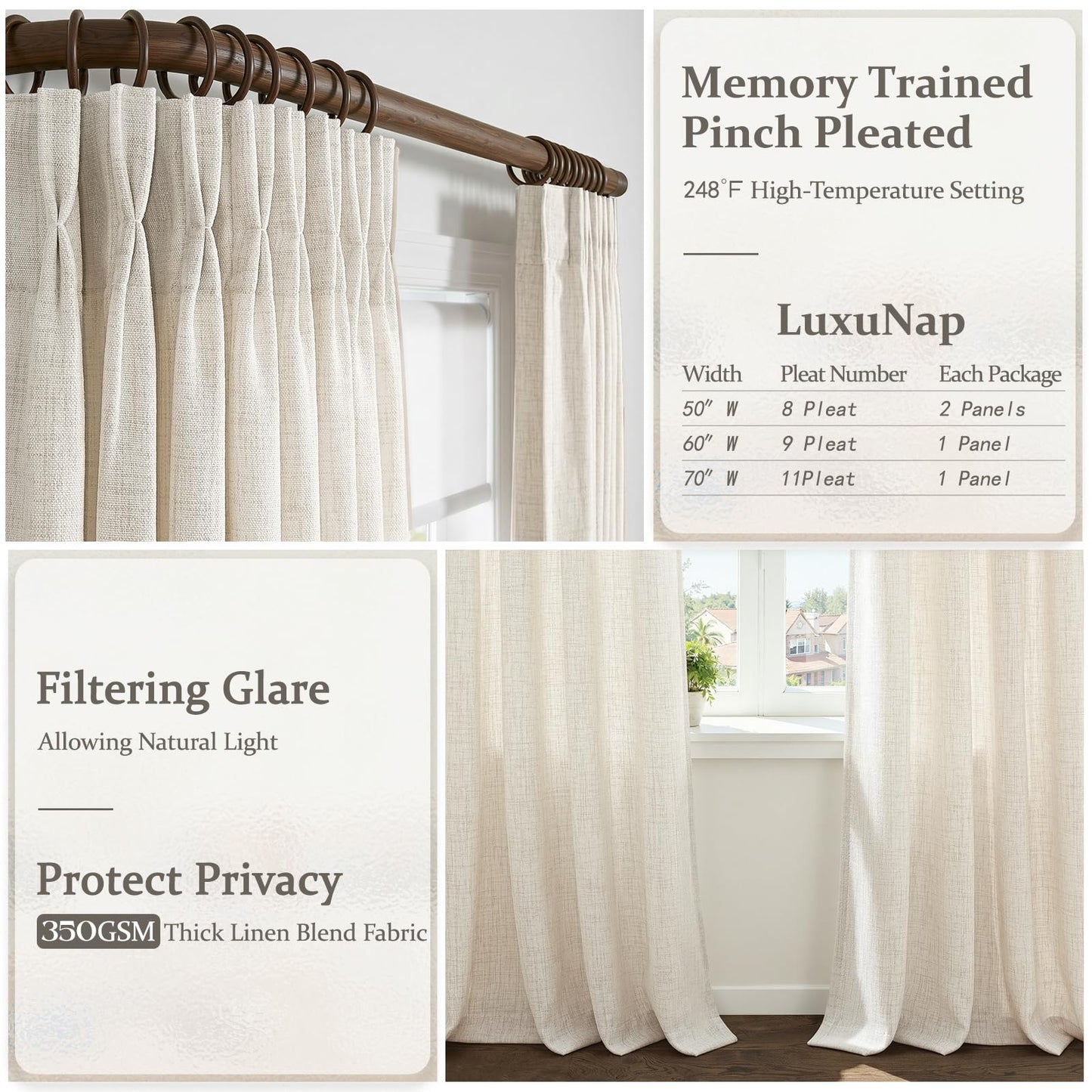 Pleated Cream Beige Sheer Curtains 84 Inches Long for Bedroom 2 Panels Set, Memory Trained Pinch Pleat Thick Linen Farmhouse Curtain Light Filtering Non-See Through Privacy Living Room Windows Drapes