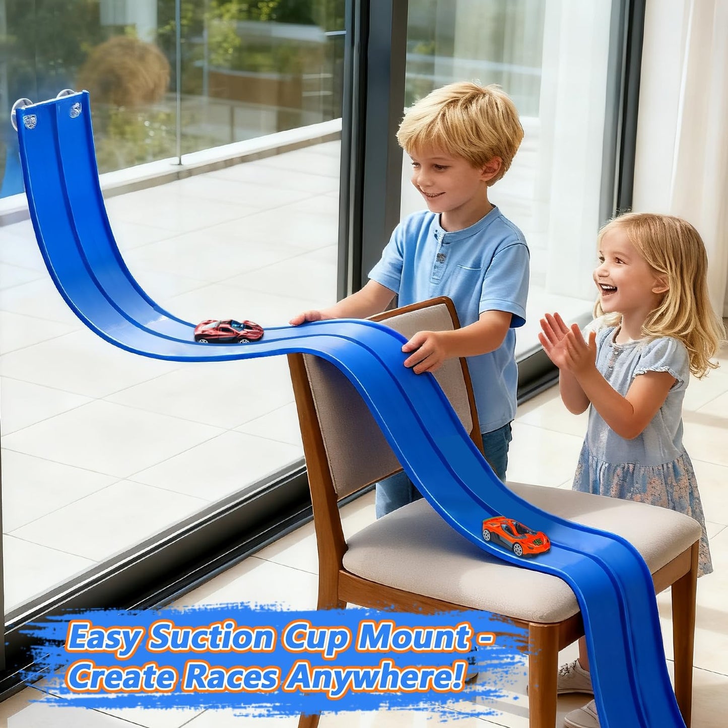 FALDAA 15ft Flexible Race Track for Kids with 6 Cars & 6 Suction Cups, Race Car Ramp Toy Compatible with Hot Wheels and 1/64 Diecast Cars, Portable Slot Car Track for Ages 3+