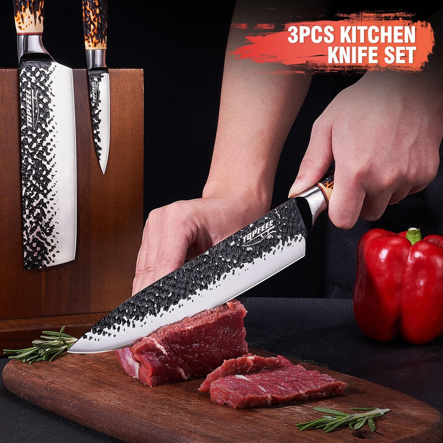 Topfeel Kitchen Knife Set, 3 PCS Japanese Chef Knife Set, Hand Forged High Carbon Stainless Steel Knives Sets，Ultra Sharp Professional Chef Knives Sets with Unique Antler-Like Handle