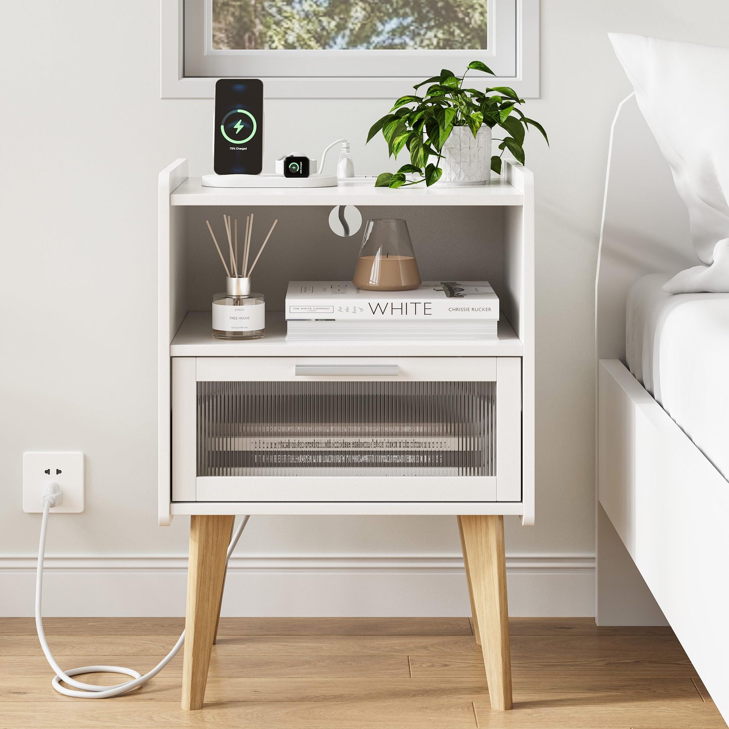 Nightstand with Charging Station, Bedside Tables with Glass Decorative Door, End Table Side Table with 2 Tiers Storage Space, for Bedroom, Living Room, White CAMLBZ07WE
