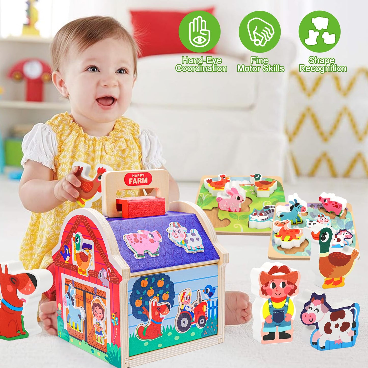 Toddler Montessori Wooden Farm Animal Toys for 1 2 3 Year Old Girls Boys, Sorting Barn Toy with Blocks Puzzles, Baby Shape Sorter Learning Toys, Christmas Birthday Gifts for Toddlers 1-3