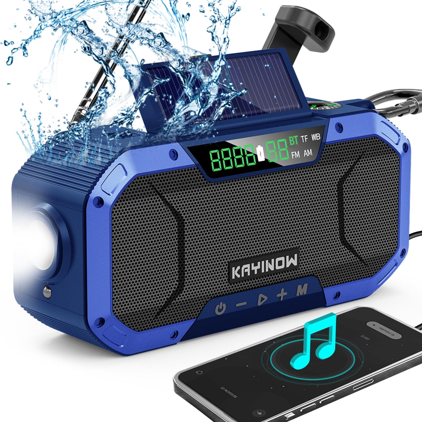 Portable Emergency Weather Radio with Waterproof Bluetooth Speaker, AM/FM/NOAA Hand Crank Solar Rechargeable Radio with Flashlight, Reading Light, 5000mAh Cell Phone Charger, SOS Alarm, Survival Gear