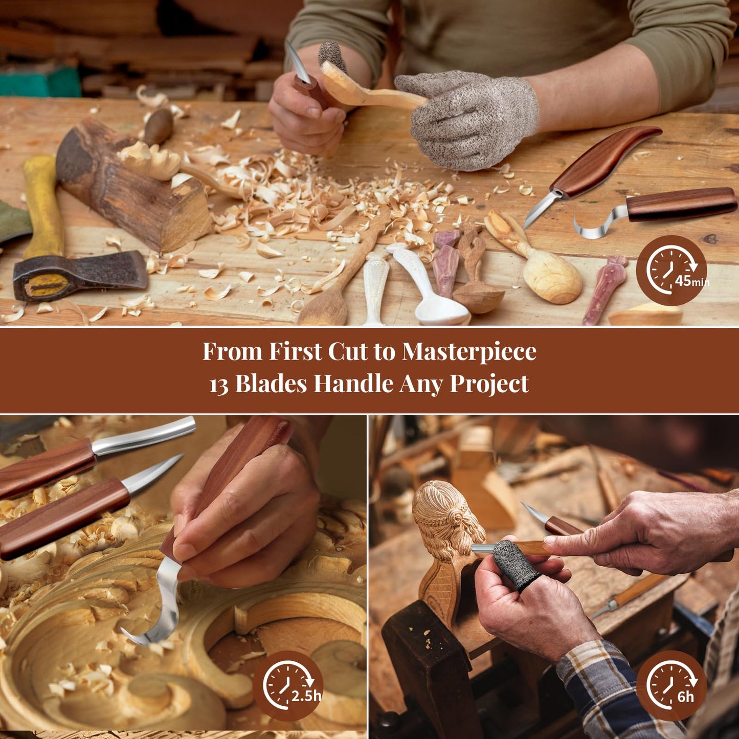 COZYGIFT Wood Carving Kit for Adults & Beginners - 29Pcs Whittling Knife Set with Premium Leather Roll Case - Includes Strop Block, Gloves & Patterns - Sharp Woodworking Hand Tools Gift for Men Dad