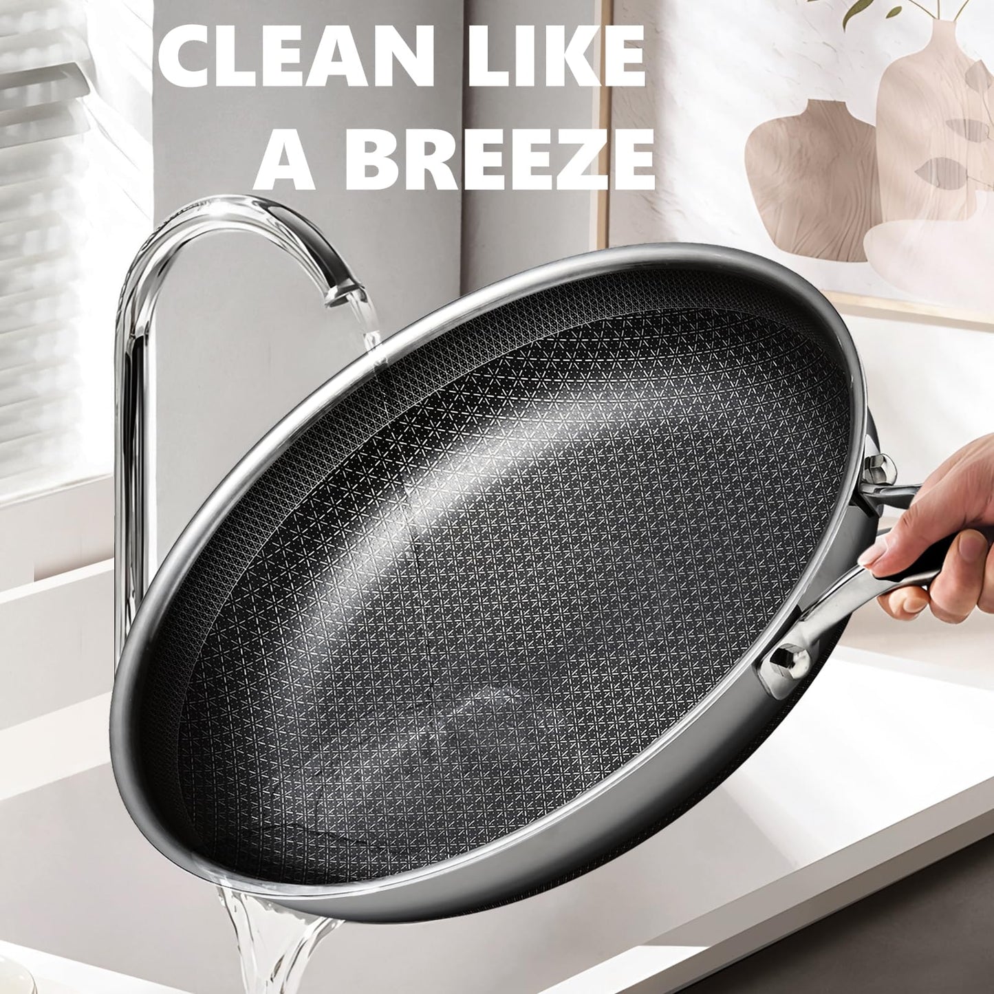 Frying Pan, 12 Hybrid Non Stick Frying Pan, Dishwasher Oven Broiler Safe, Non Toxic Chef's Pan, PFOA Free Cookware, Compatible with All Cooktops