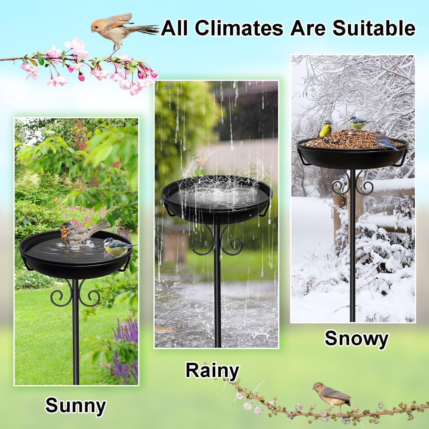 iCHKED 38In Freestanding Bird Bath for Outside, Detachable Birdbaths with Metal Stake, Bird Bath Feeder Bowl for Outdoors Garden Patio Yard Lawn,Sturdy Upgraded 5 Pronged Base (Black)