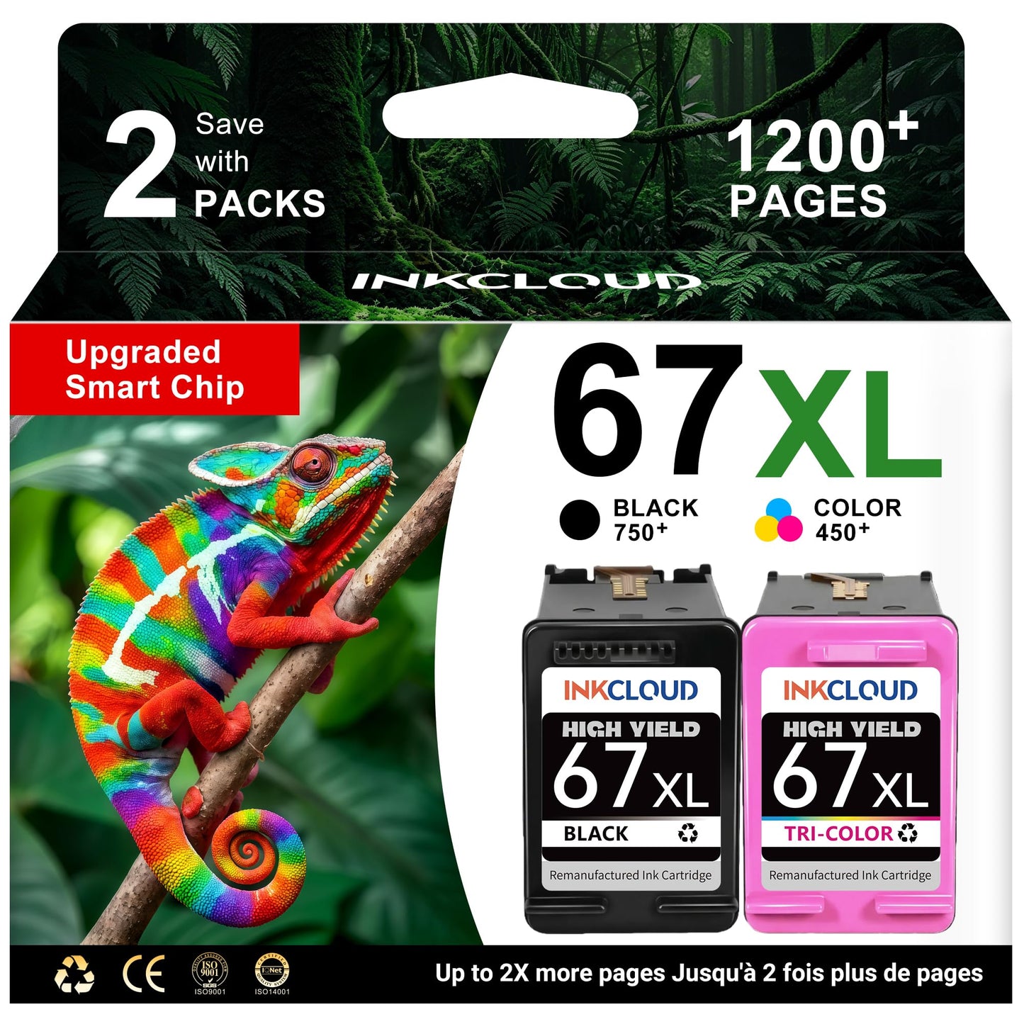 Remanufactured Ink Cartridges Replacement for HP 67XL Printer Ink for 2700 2700e 2755 2755e 4100 4100e 4155 4155e 6000 6055 6055e 6400 6455e 6458e Printer (1 Black 1 Tri-Color, 2Pack)