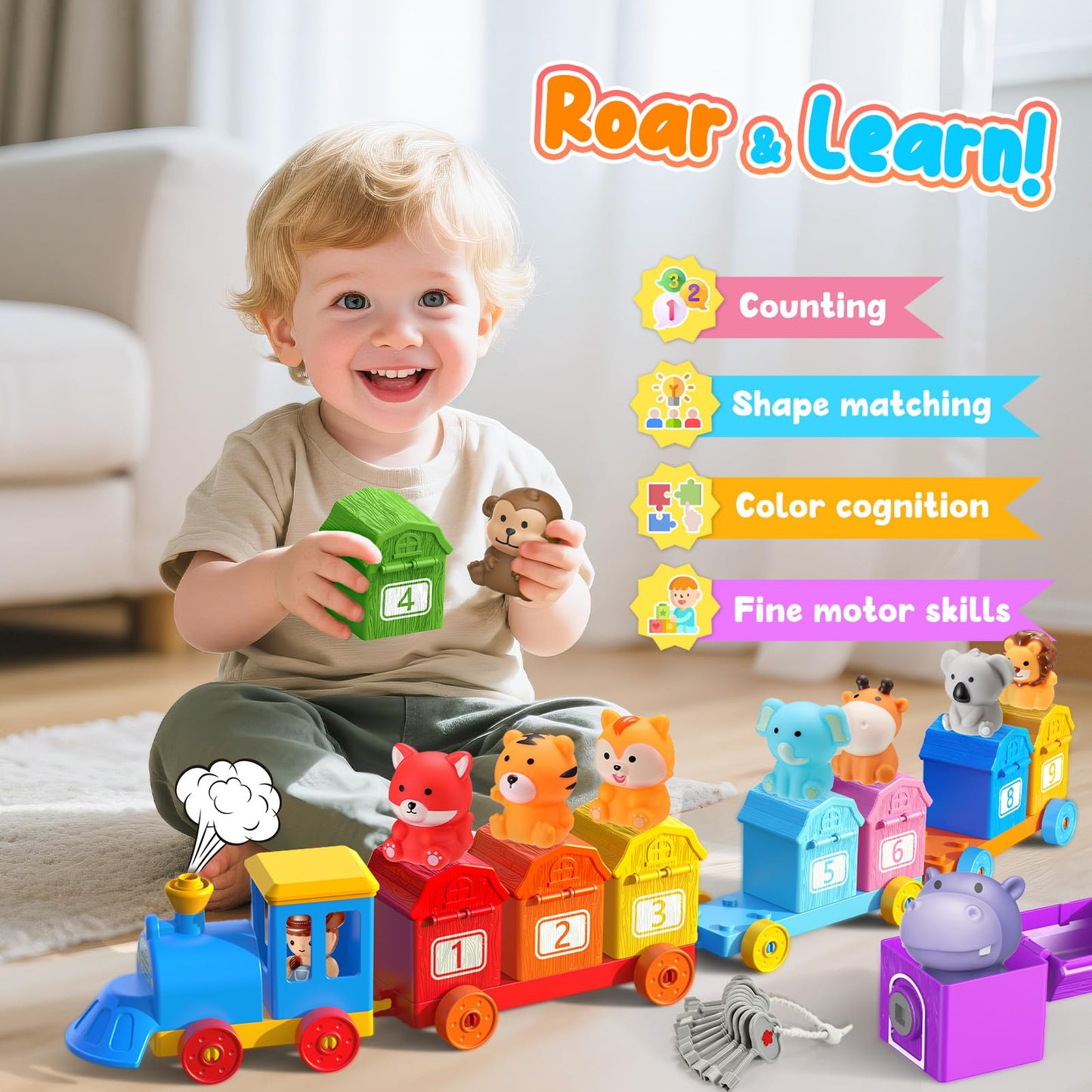 Luckades Toddler Animals Montessori Toys for 2 3 4 Year Old Boy Girl, Learning Farm Train Set with Counting Matching & Sorting for Kids 2-3 3-5 Preschool Christmas Birthday Baby Boy Girl Gifts