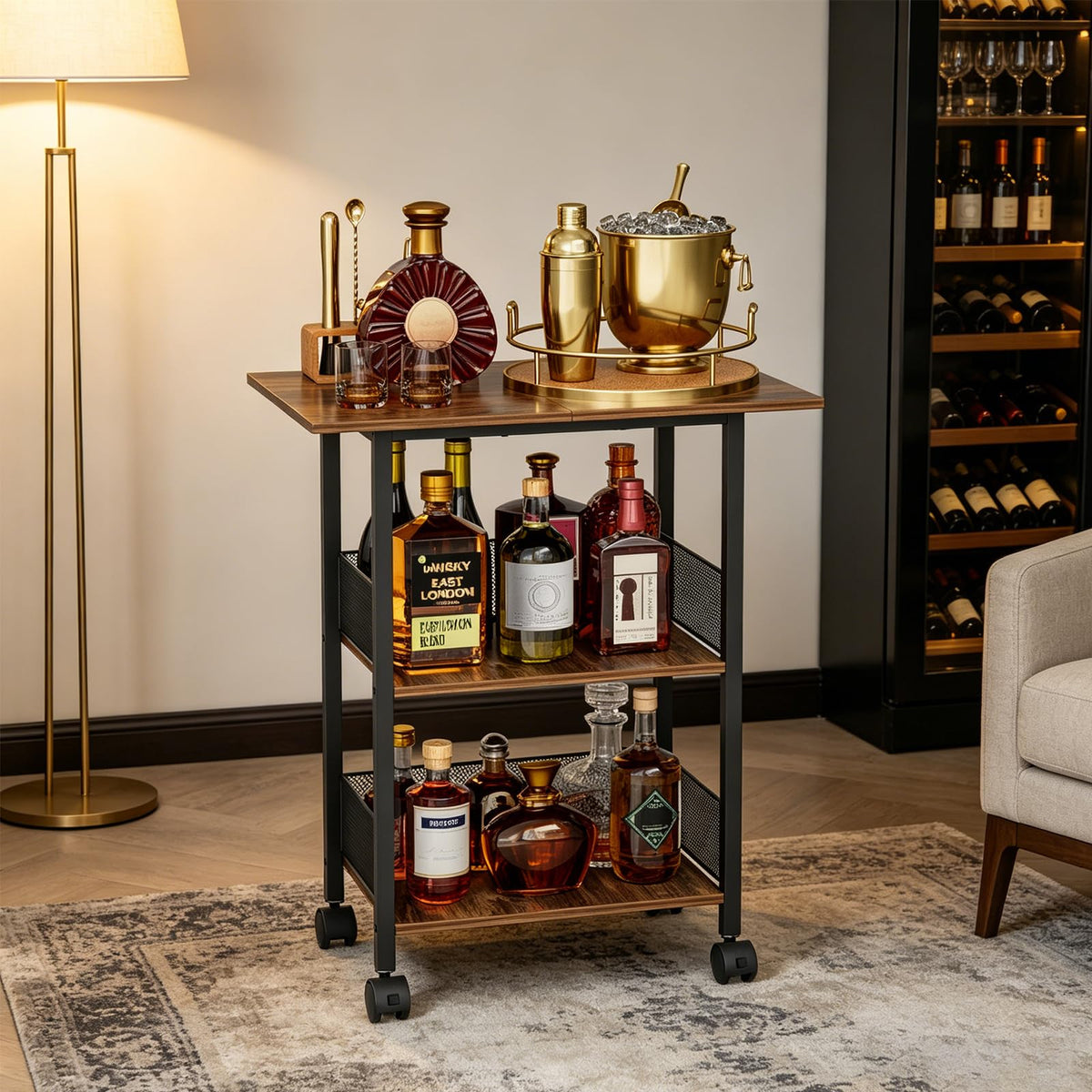 NEYCIL Freestanding Bar for Whiskey, 3-Tier Bar Cabinets Mini Bar Wine Table Whiskey Liquor Bottle Display Stand, Corner Cabinet for Kitchen, Dining Room, Living Room, Black