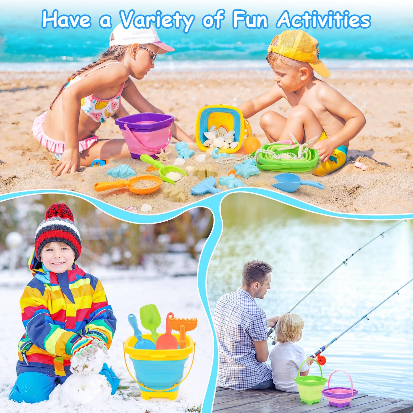 NINAOR Beach Toys for Kids,19 Pcs Collapsible Sand Toys Bucket Tools for Sandbox Camping Travel Foldable Bucket Outdoor Toys