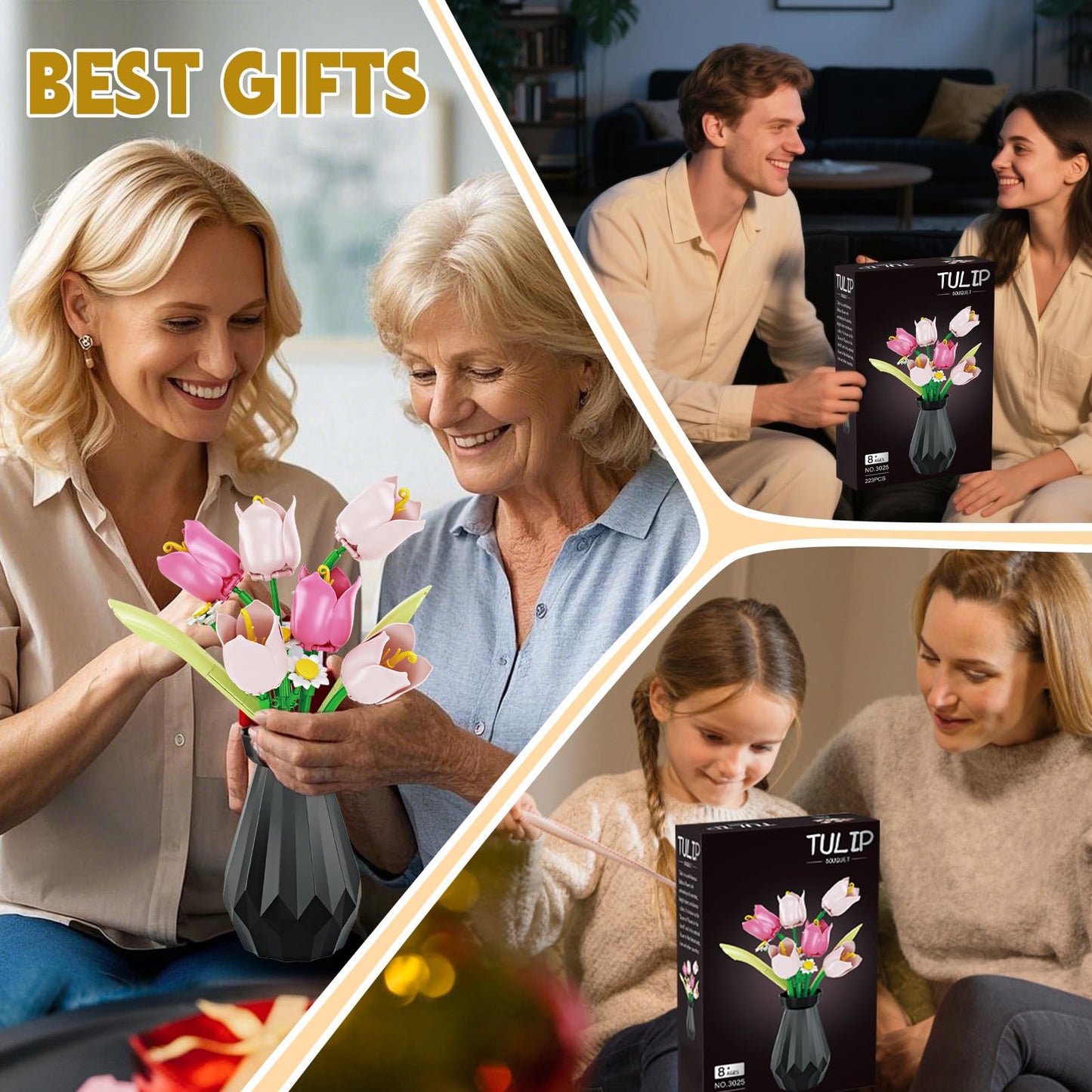 Flower Bouquet Building Sets, Tulips Botanical Collection, DIY Artificial Flower with vase for Adults Women Girl Kids, Pink Chrismas Home Decor Gifts for Mother's Day, Birthday, Easter(223 pcs)