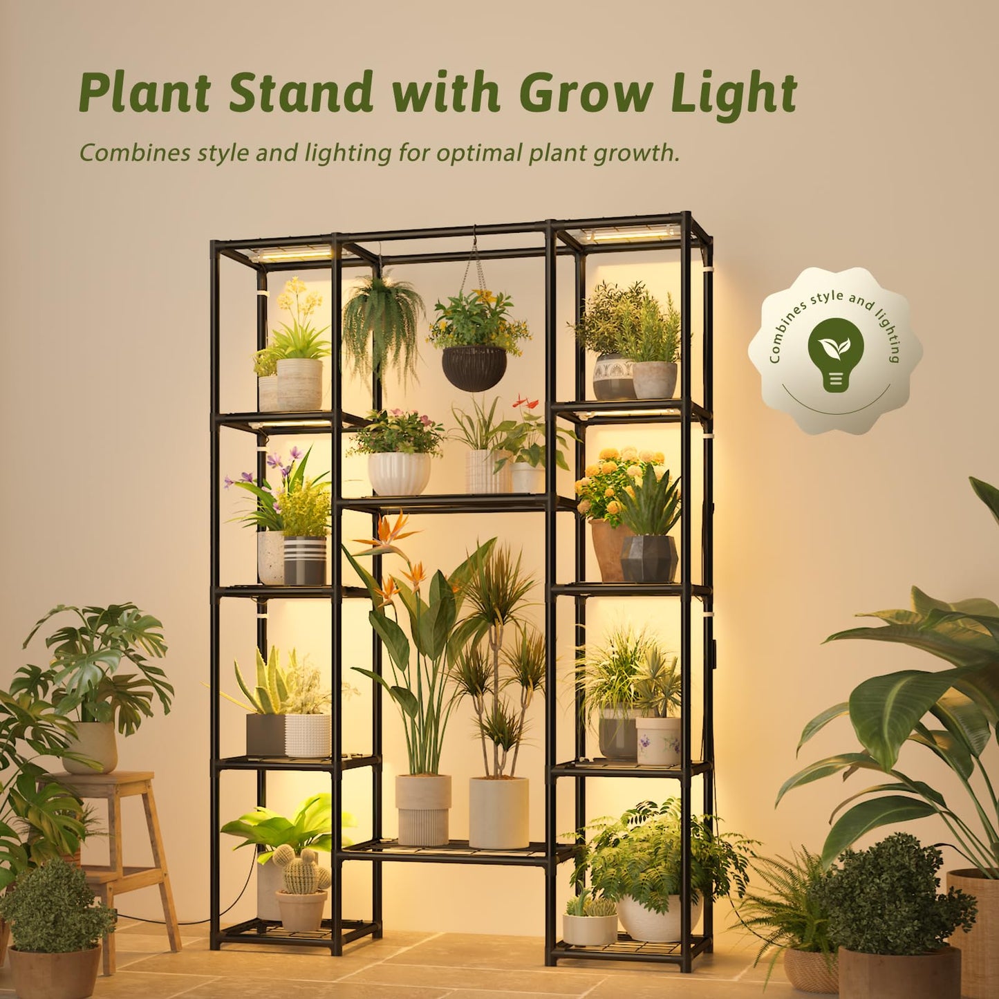 GENTINGBRO Plant Stand with Grow Light Indoor Outdoor Large Metal Plant Shelf for Multiple Plant Pots Black Plant Rack for Living Room Patio Balcony Garden