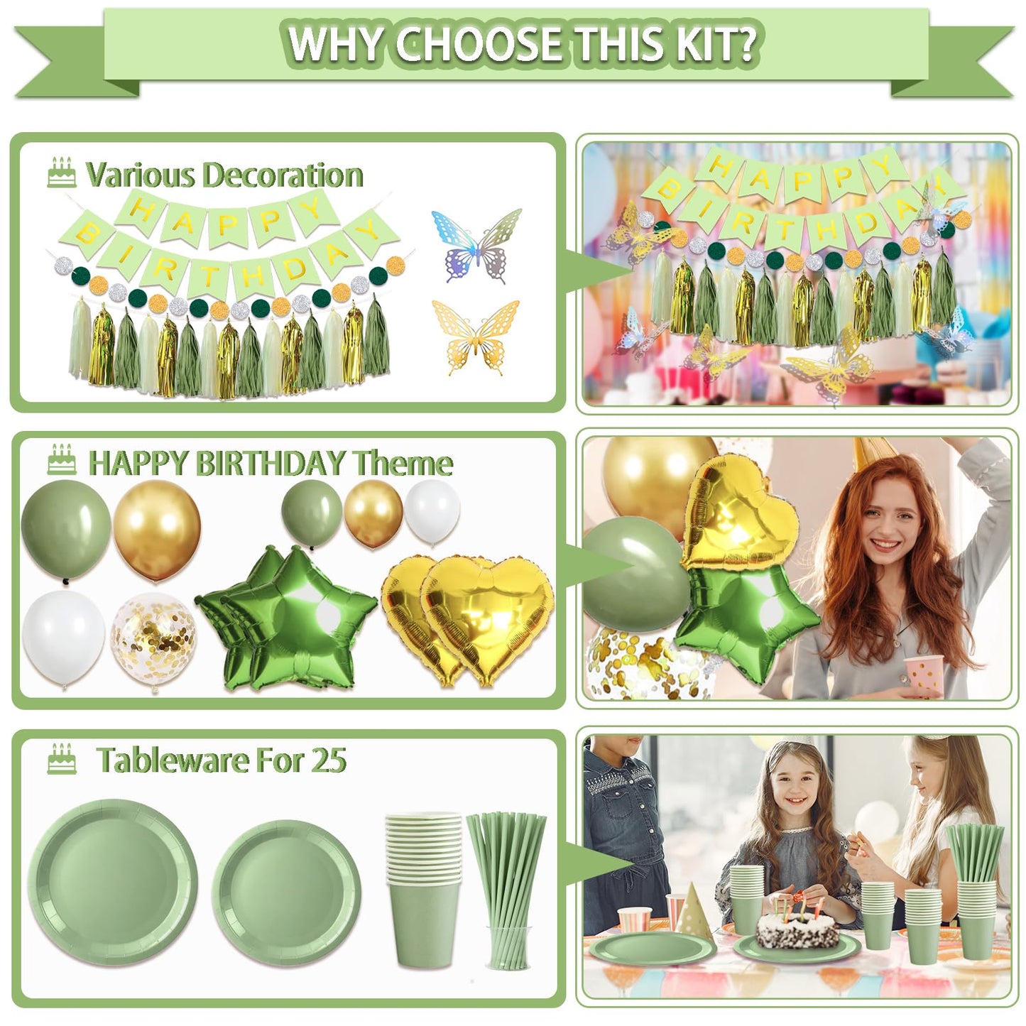 222 Pcs Sage Green Happy Birthday Decorations, Birthday Decorations for Women or Girl Kit- Disposable Dinnerware Set with 25 Guest, Balloons, Sash, Tiara, Banner, Paper Pom Poms
