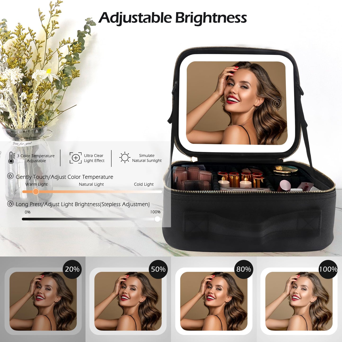 MOMIRA Travel Makeup Bag Cosmetic Bag Makeup Organizer Bag with Lighted Mirror, Adjustable Brightness in 3 Color Scenarios, Waterproof Makeup Train Case, Gift for Women - Black